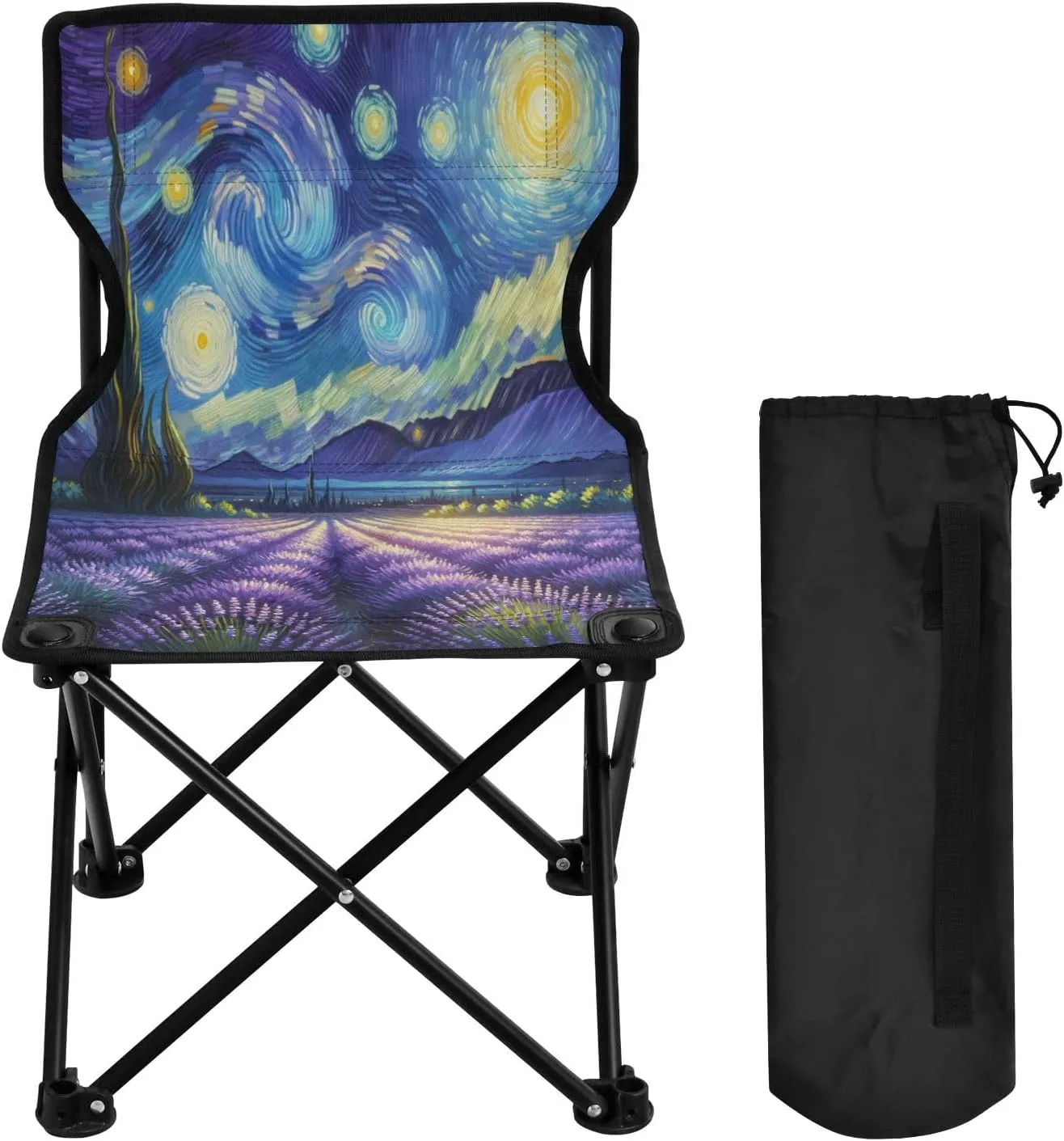 Starry Night Lavender Oil Painting Portable Outdoor Folding Chair Anti-Slip Padded Oxford Cloth Stool Camping Chair Small for Beach Hiking Fishing Gardening Quad Camp Chair