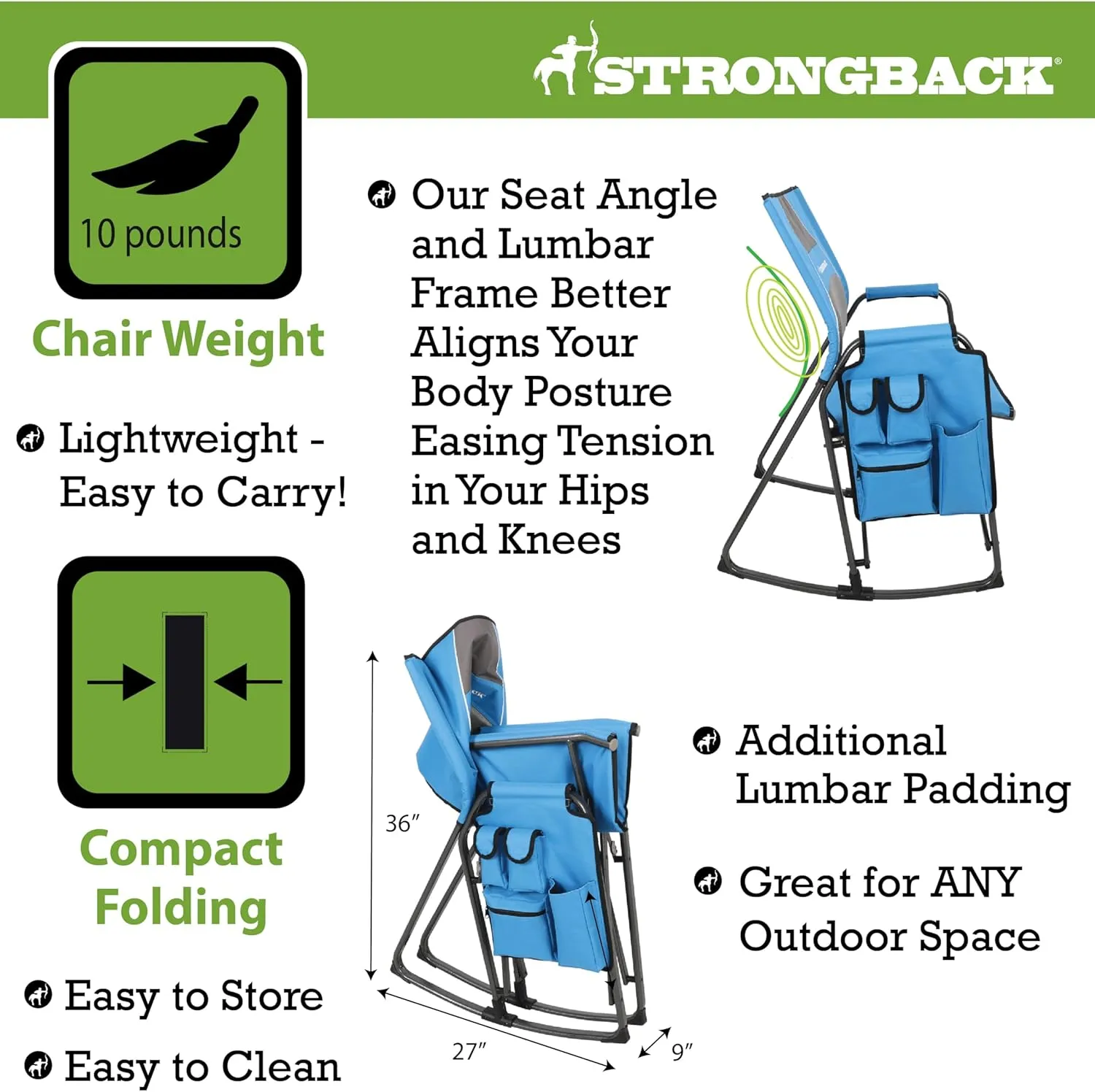 STRONGBACK Outdoors Director Chair - Portable Camping Chair with Lumbar Support - Heavy-Duty and Foldable