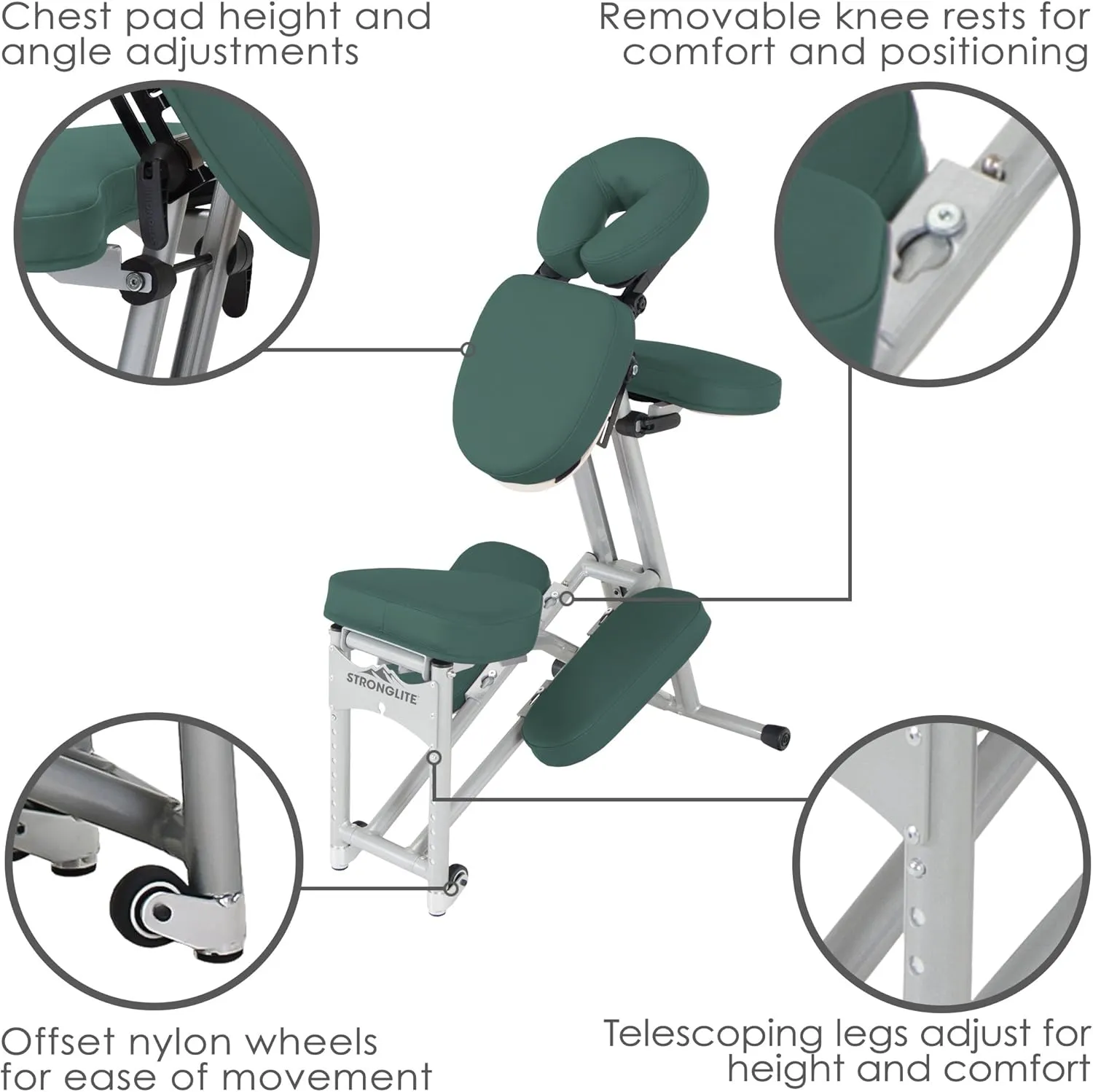 STRONGLITE Portable Massage Chair Ergo Pro II - Ultra-Strong, Lightweight, Foldable Tattoo Spa Chair with Wheels & Carry Case (600lbs Working Weight), Teal