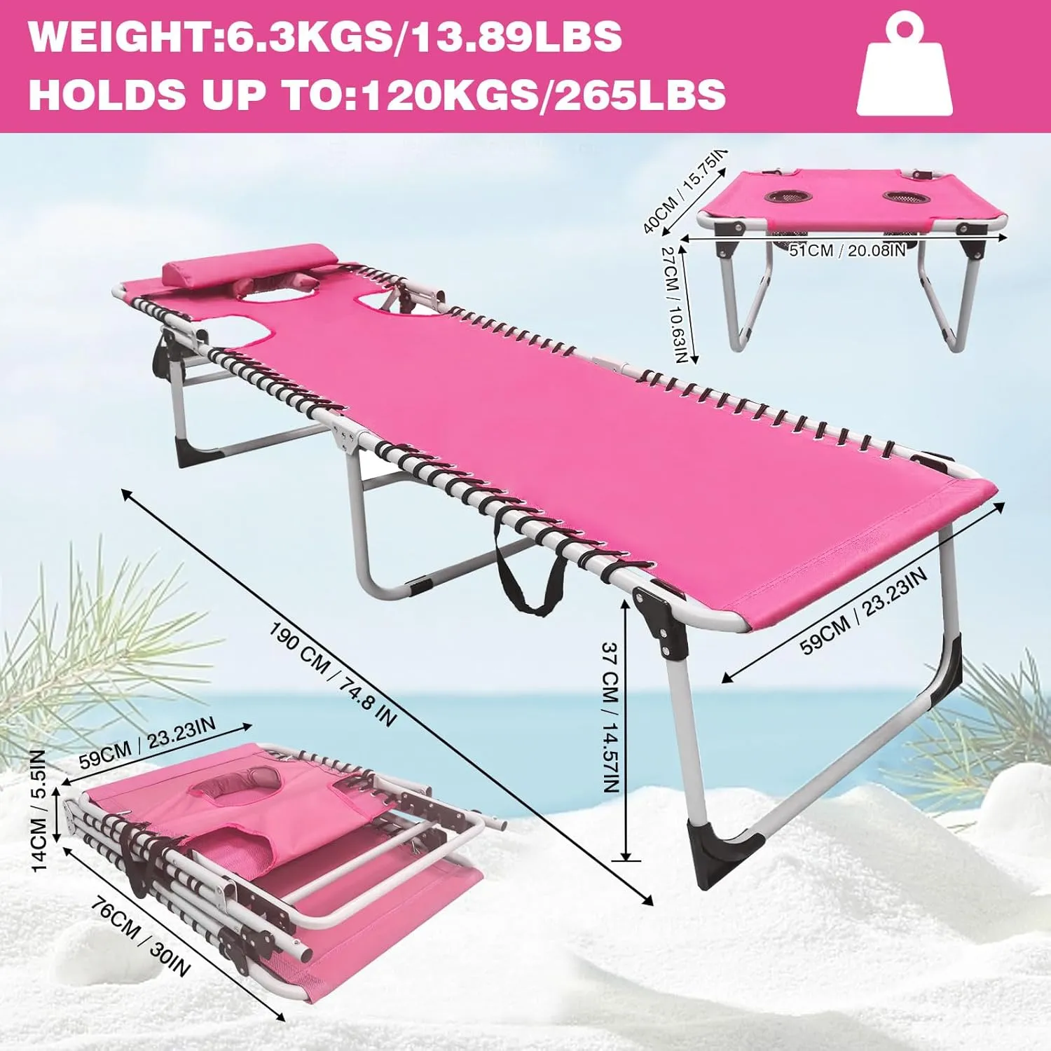 Sun Tanning Chair with Face Hole 5-Position Folding Lounge Chair Outdoor with Portable Beach Table for Poolside Sunbathing Camping Lawn Backyard