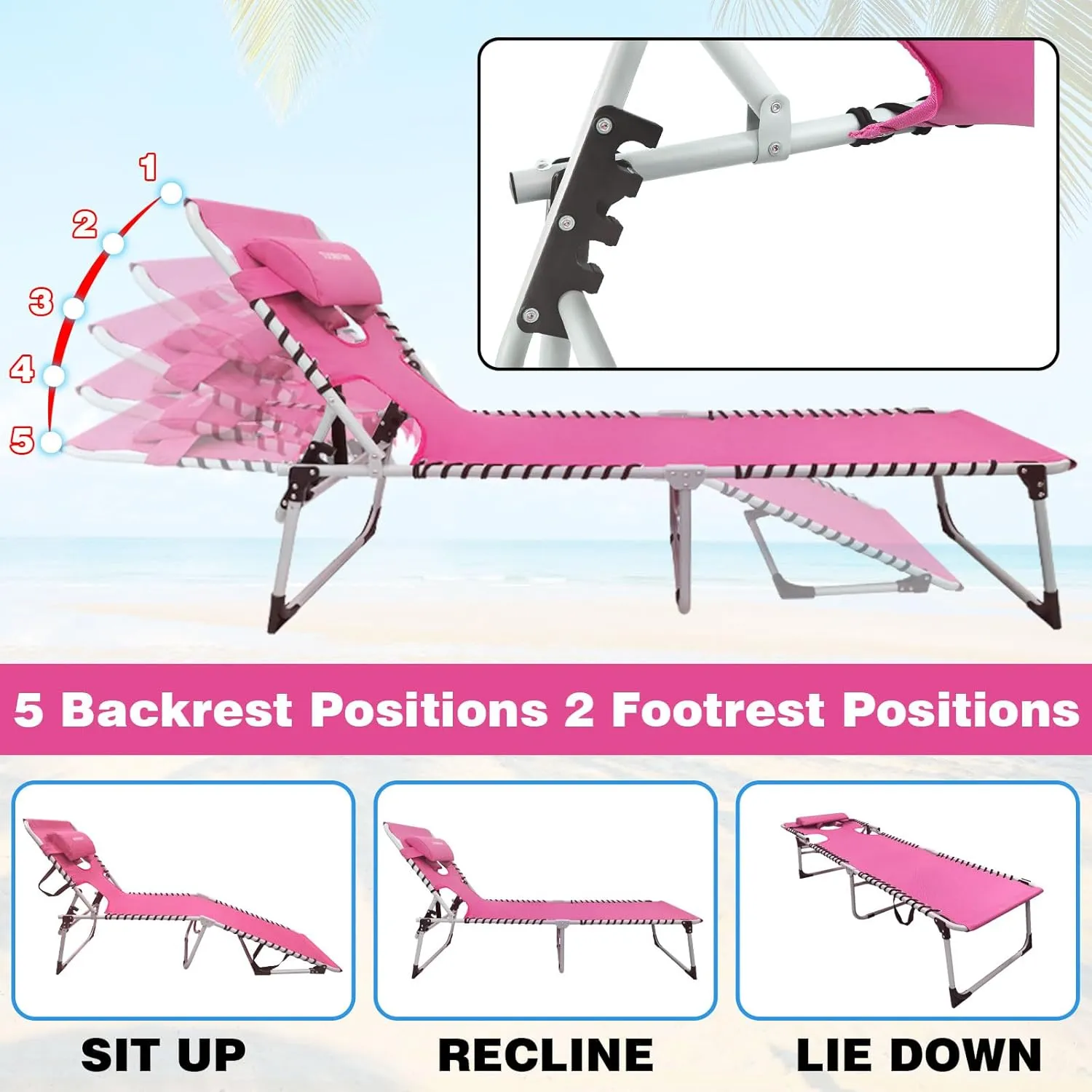 Sun Tanning Chair with Face Hole 5-Position Folding Lounge Chair Outdoor with Portable Beach Table for Poolside Sunbathing Camping Lawn Backyard