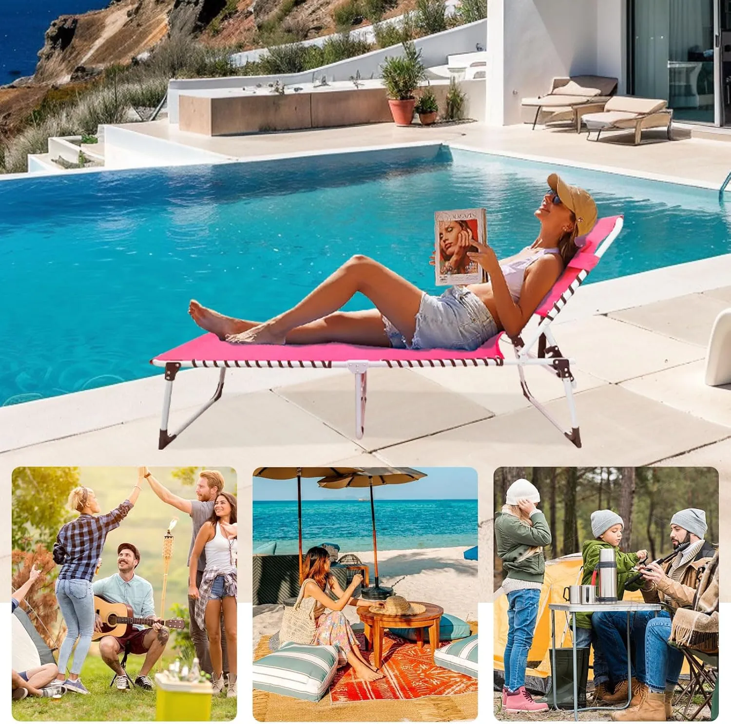 Sun Tanning Chair with Face Hole 5-Position Folding Lounge Chair Outdoor with Portable Beach Table for Poolside Sunbathing Camping Lawn Backyard