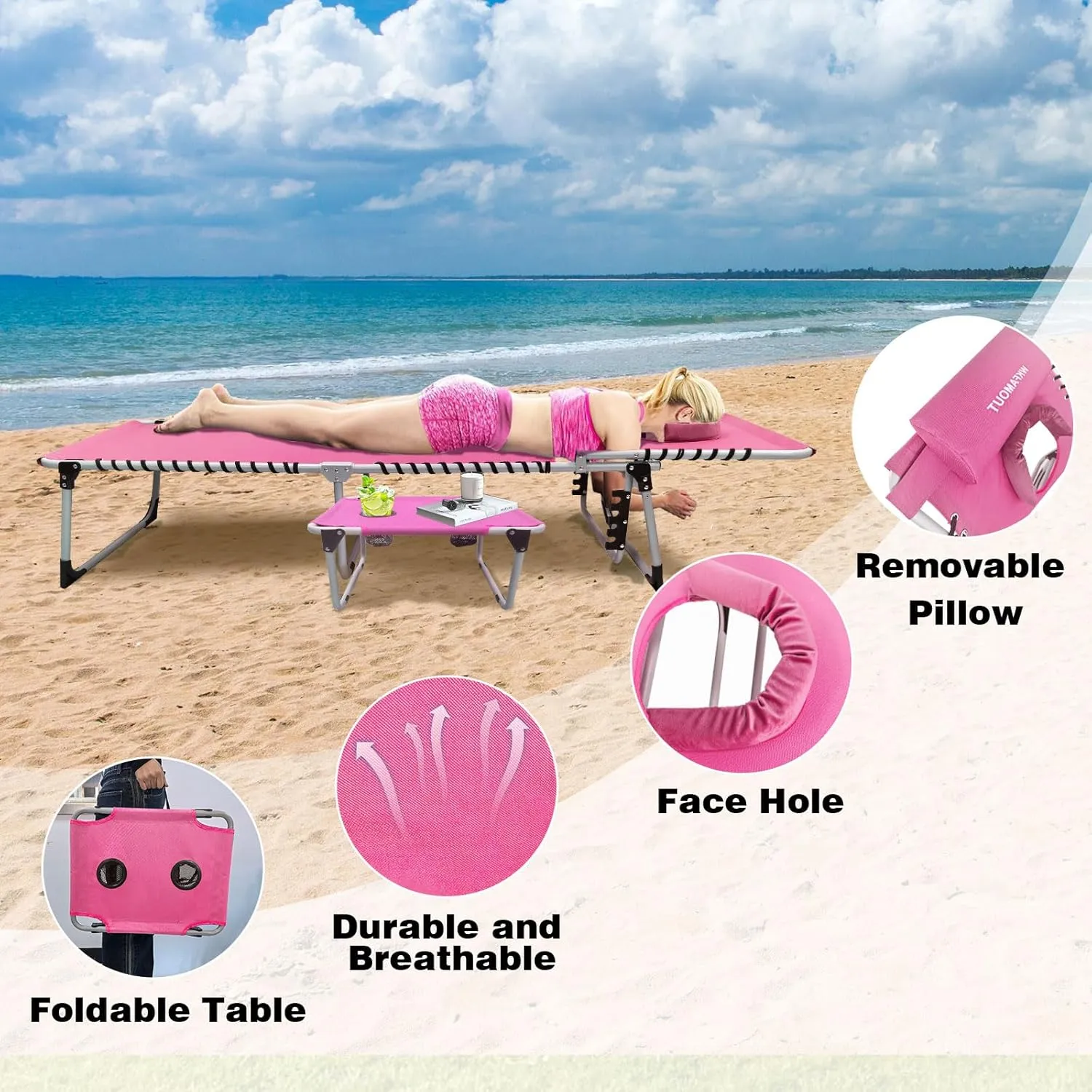 Sun Tanning Chair with Face Hole 5-Position Folding Lounge Chair Outdoor with Portable Beach Table for Poolside Sunbathing Camping Lawn Backyard