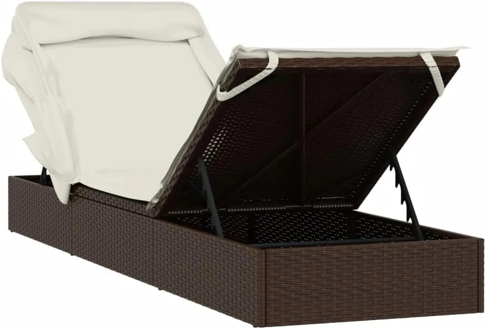 Sunbed with Foldable Roof Brown 83.9"x24.8"x38.2" Poly Rattancamping Chairs Tanning Chair Patio Recliner Suitable for Garden Courtyard