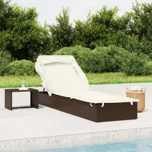 Sunbed with Foldable Roof Brown 83.9"x24.8"x38.2" Poly Rattancamping Chairs Tanning Chair Patio Recliner Suitable for Garden Courtyard