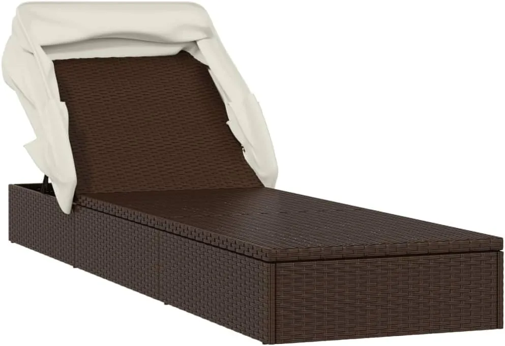Sunbed with Foldable Roof Brown 83.9"x24.8"x38.2" Poly Rattancamping Chairs Tanning Chair Patio Recliner Suitable for Garden Courtyard