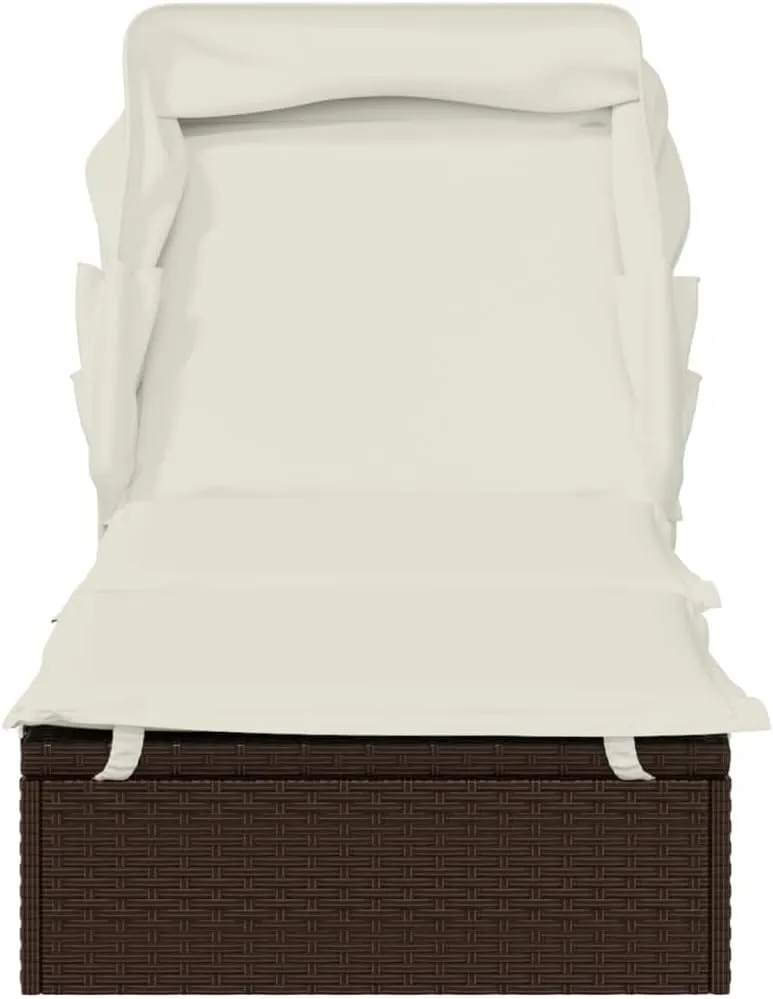 Sunbed with Foldable Roof Brown 83.9"x24.8"x38.2" Poly Rattancamping Chairs Tanning Chair Patio Recliner Suitable for Garden Courtyard