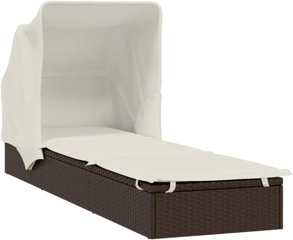 Sunbed with Foldable Roof Brown 83.9"x24.8"x38.2" Poly Rattancamping Chairs Tanning Chair Patio Recliner Suitable for Garden Courtyard