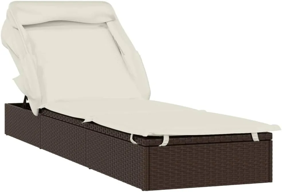 Sunbed with Foldable Roof Brown 83.9"x24.8"x38.2" Poly Rattancamping Chairs Tanning Chair Patio Recliner Suitable for Garden Courtyard
