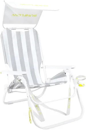 SUNFLOW Shore Thing Premium Beach Chair - Adjustable, Portable, Rust-Resistant, Reclining Beach Chair with UPF 50  Sun Shade and Drink Holder for The Ultimate in Comfort - Oyster Gray Stripe