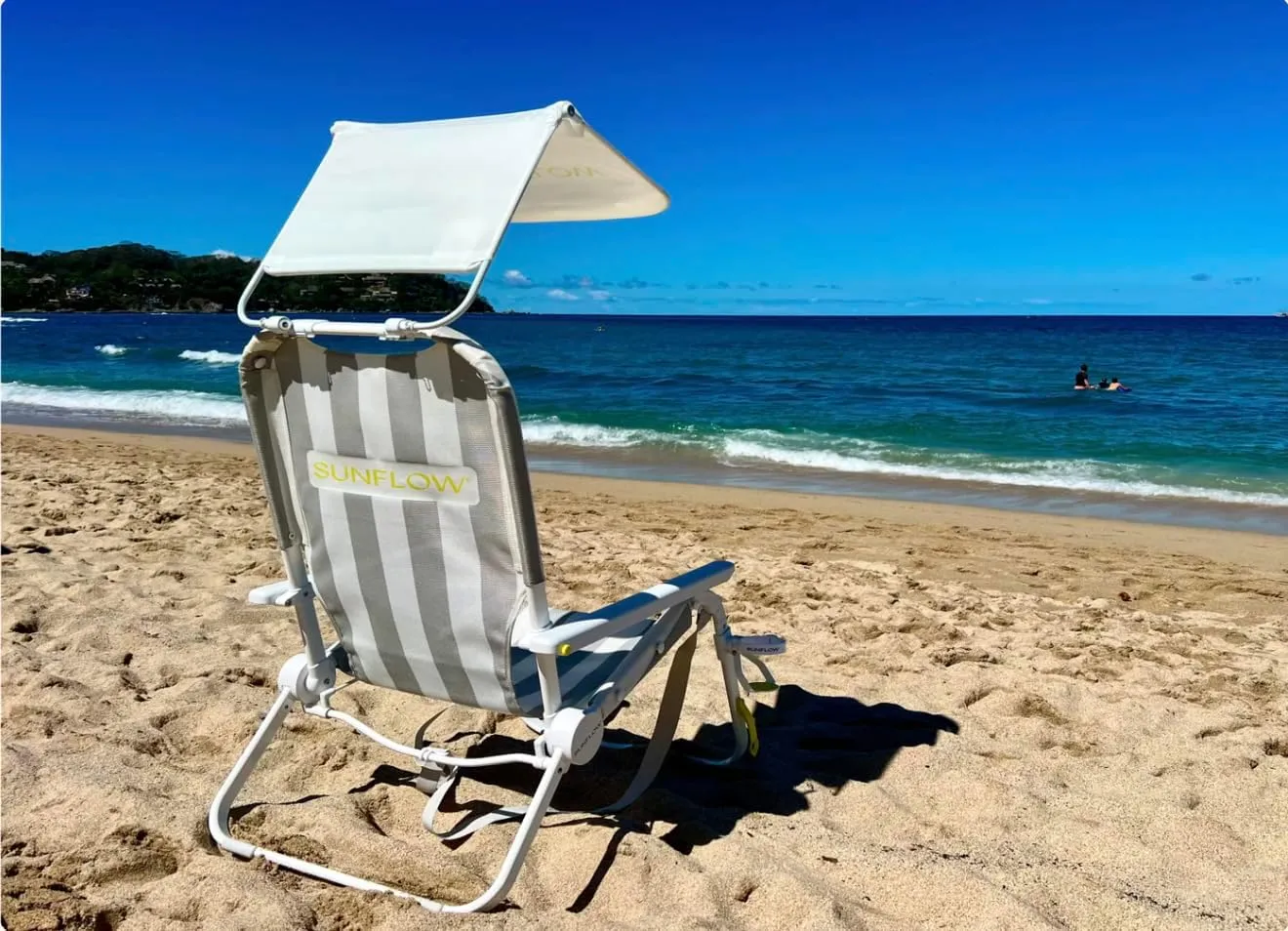 SUNFLOW Shore Thing Premium Beach Chair - Adjustable, Portable, Rust-Resistant, Reclining Beach Chair with UPF 50  Sun Shade and Drink Holder for The Ultimate in Comfort - Oyster Gray Stripe