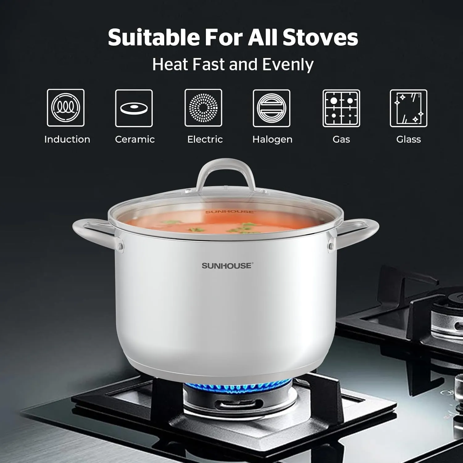 SUNHOUSE 13-Quart Stainless Steel Stockpot w/Tempered Glass Lid - Heavy-Duty, Food-Grade Cookware for Simmering, Boiling, and Induction Cooking - Exceptional Heat Distribution