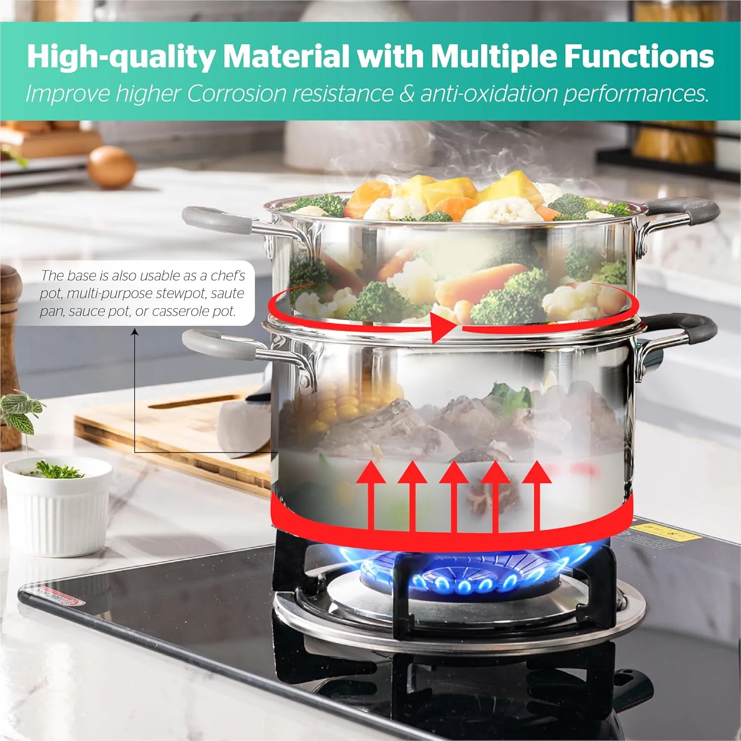 SUNHOUSE 3 Quarts Steamer Pots With Lid 2-Tier Multipurpose Stainless Steel Steaming Pot Cookware For Vegetable, Dumpling, Sauce, Food - Triple Bottom, Measurement Line (Stainless Steel, 3 Quarts)