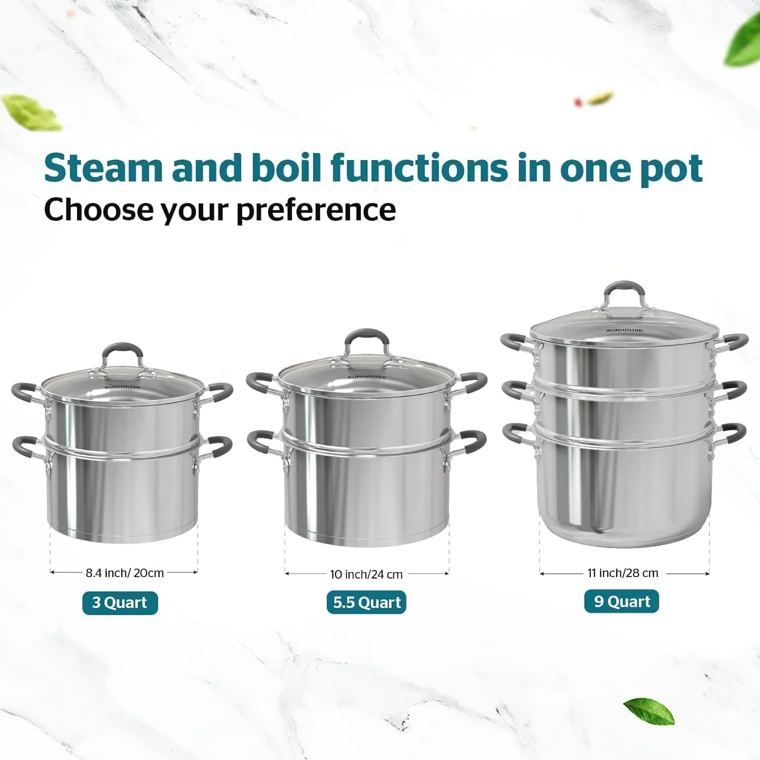 SUNHOUSE 3 Quarts Steamer Pots With Lid 2-Tier Multipurpose Stainless Steel Steaming Pot Cookware For Vegetable, Dumpling, Sauce, Food - Triple Bottom, Measurement Line (Stainless Steel, 3 Quarts)