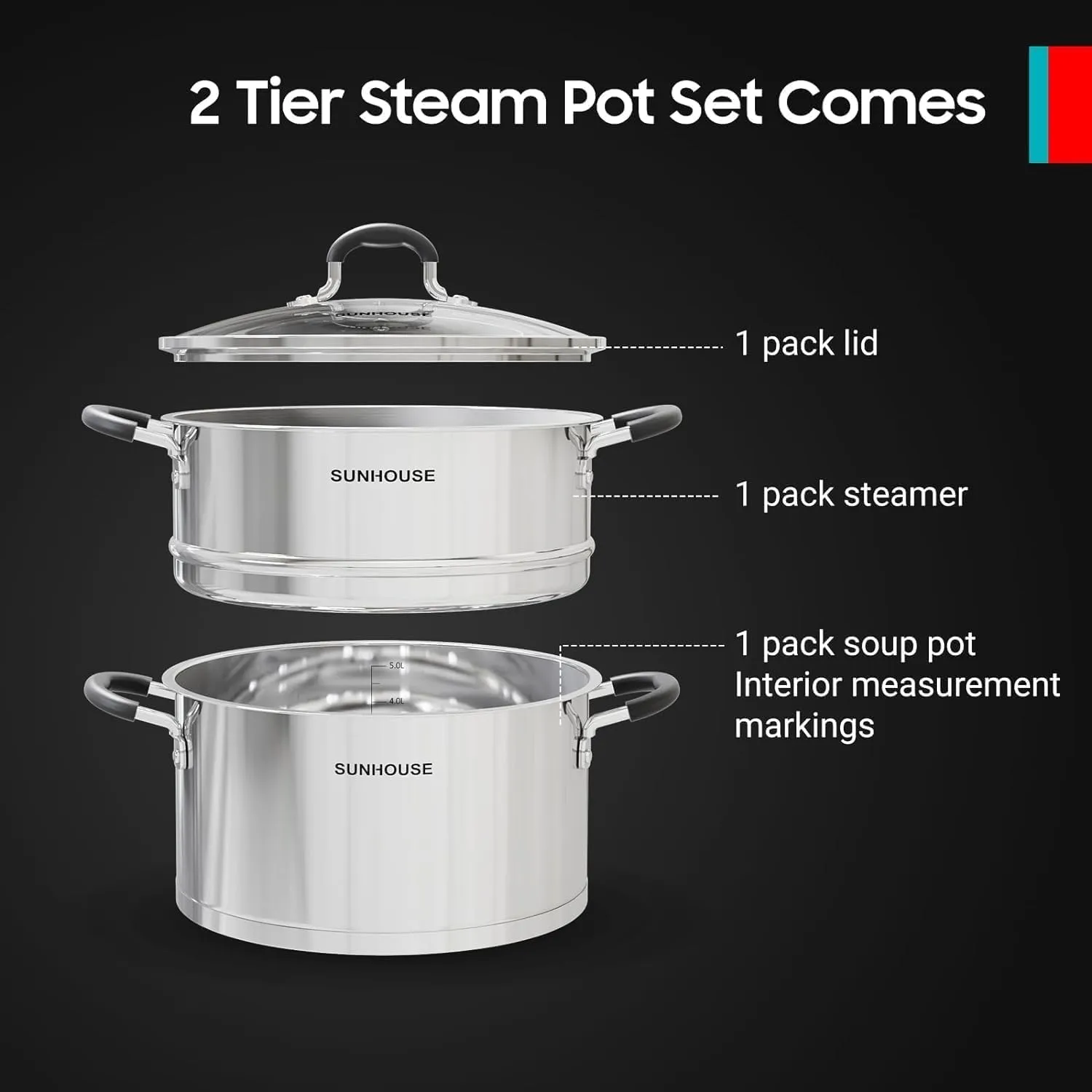 SUNHOUSE 3 Quarts Steamer Pots With Lid 2-Tier Multipurpose Stainless Steel Steaming Pot Cookware For Vegetable, Dumpling, Sauce, Food - Triple Bottom, Measurement Line (Stainless Steel, 3 Quarts)