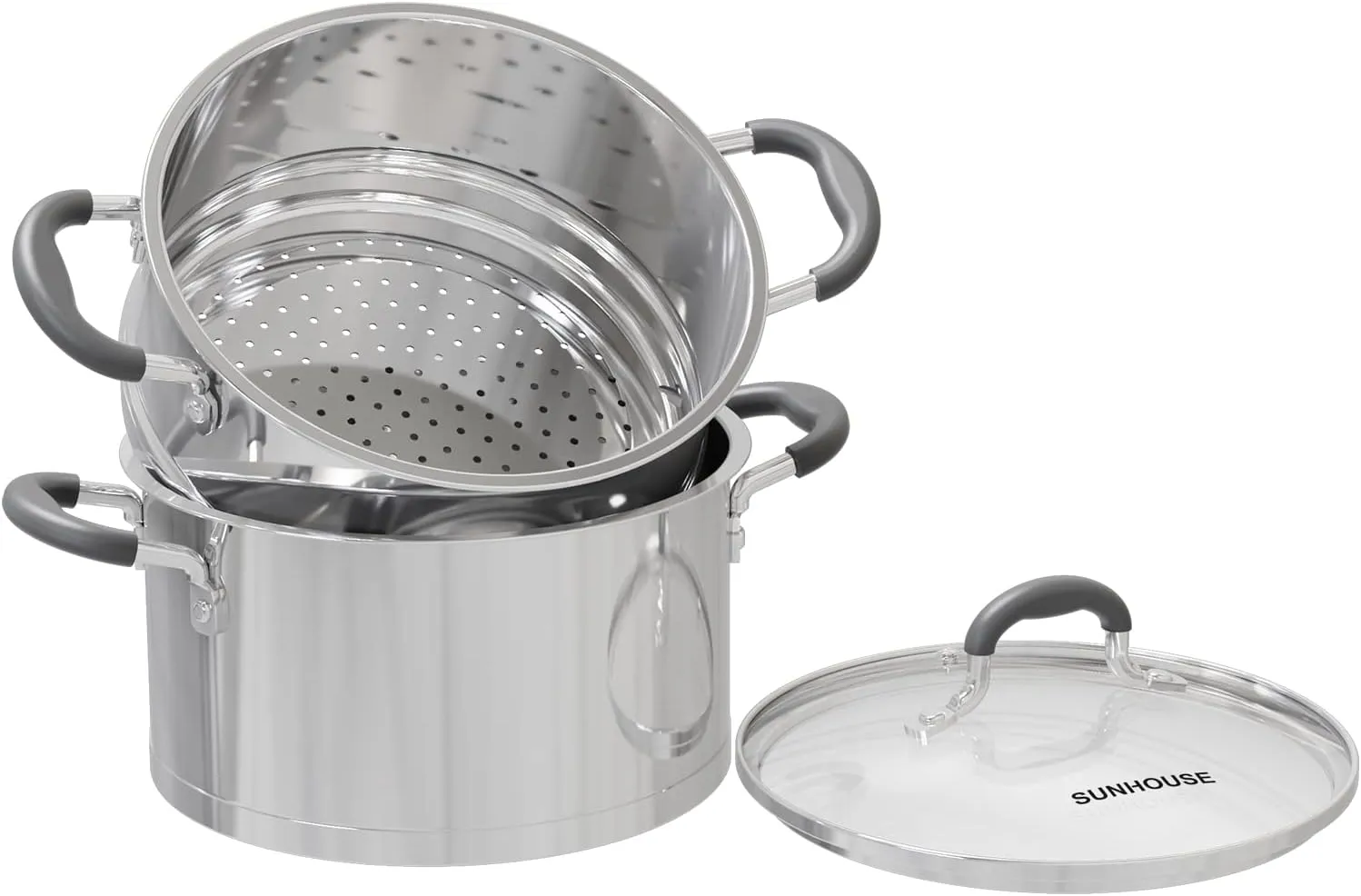 SUNHOUSE 3 Quarts Steamer Pots With Lid 2-Tier Multipurpose Stainless Steel Steaming Pot Cookware For Vegetable, Dumpling, Sauce, Food - Triple Bottom, Measurement Line (Stainless Steel, 3 Quarts)