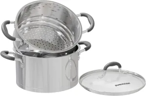 SUNHOUSE 3 Quarts Steamer Pots With Lid 2-Tier Multipurpose Stainless Steel Steaming Pot Cookware For Vegetable, Dumpling, Sauce, Food - Triple Bottom, Measurement Line (Stainless Steel, 3 Quarts)