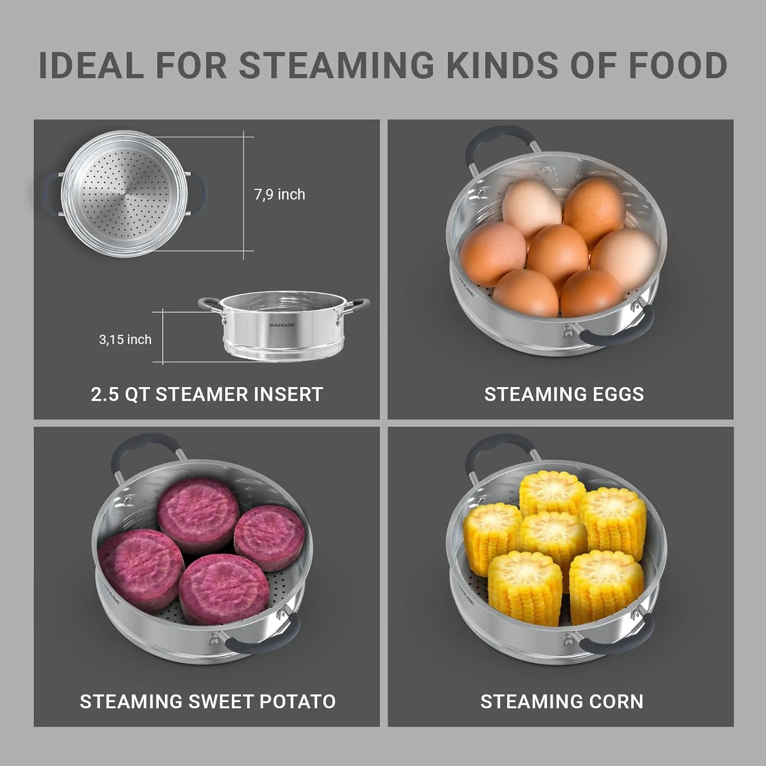 SUNHOUSE 3 Quarts Steamer Pots With Lid 2-Tier Multipurpose Stainless Steel Steaming Pot Cookware For Vegetable, Dumpling, Sauce, Food - Triple Bottom, Measurement Line (Stainless Steel, 3 Quarts)