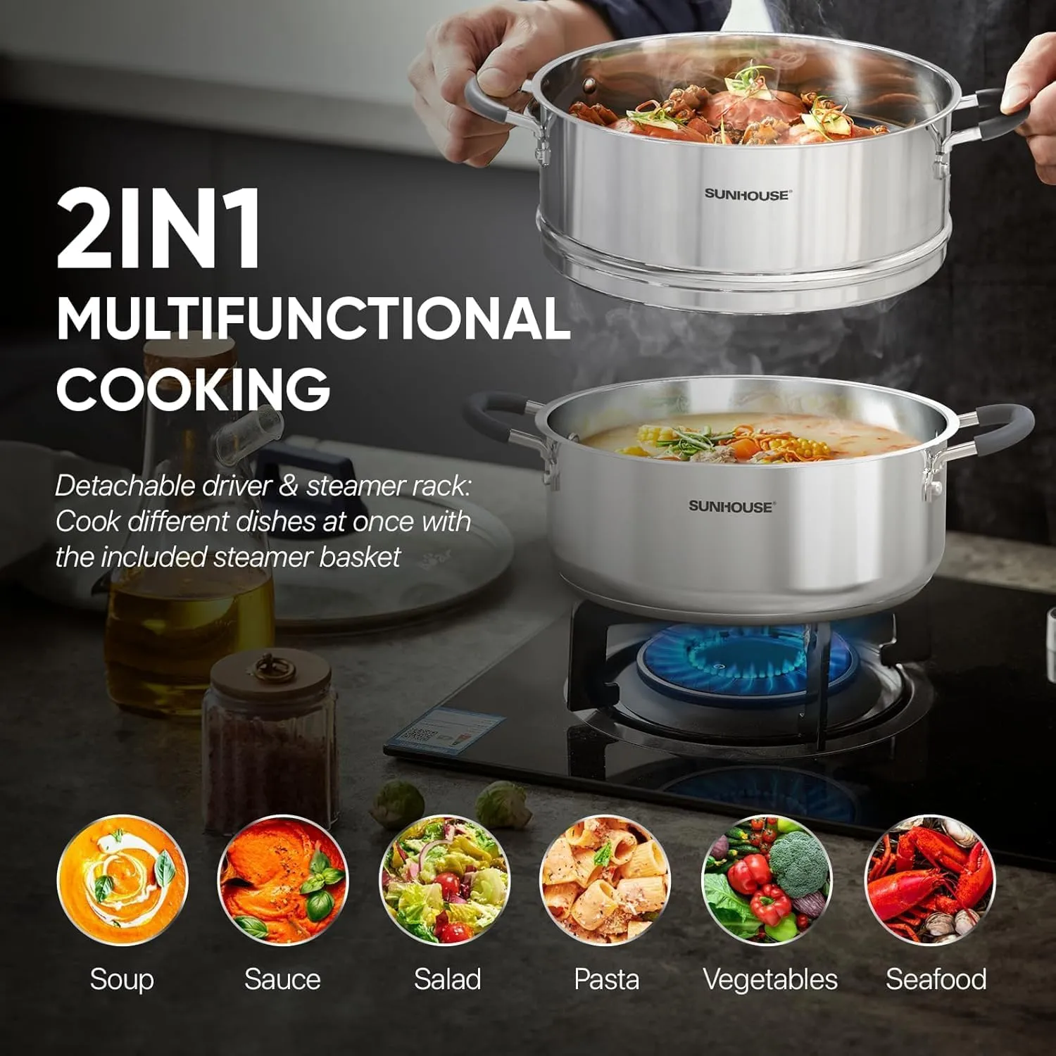SUNHOUSE - 4.6 Quarts Steamer Pots With Lid 2-Tier Multipurpose Stainless Steel Steaming Pot Cookware For Vegetable, Dumpling, Sauce, Food - Triple Bottom, Measurement Line