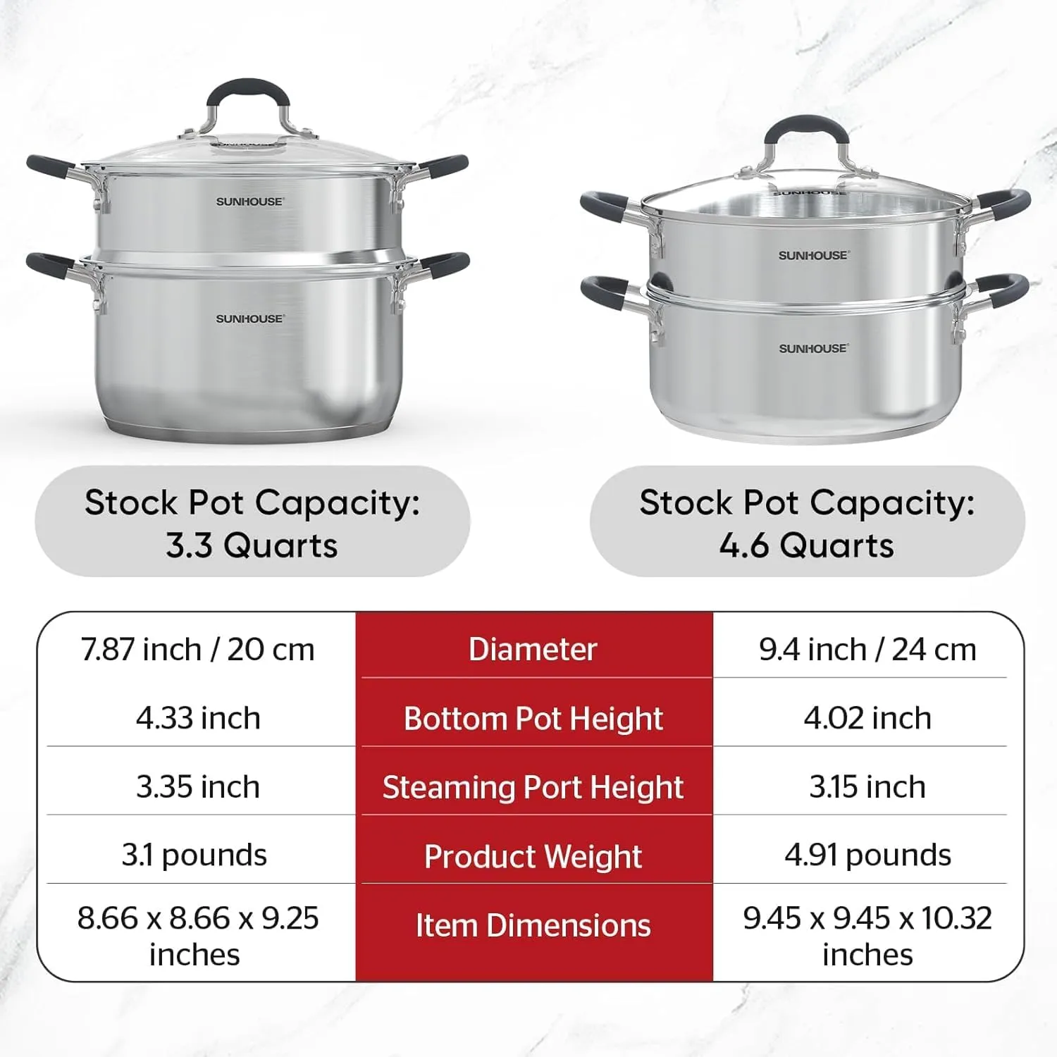 SUNHOUSE - 4.6 Quarts Steamer Pots With Lid 2-Tier Multipurpose Stainless Steel Steaming Pot Cookware For Vegetable, Dumpling, Sauce, Food - Triple Bottom, Measurement Line