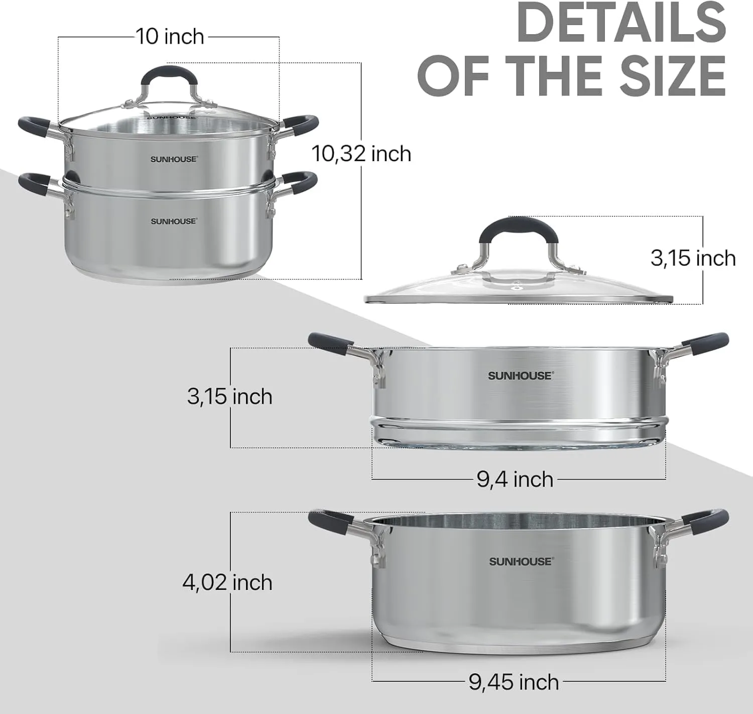 SUNHOUSE - 4.6 Quarts Steamer Pots With Lid 2-Tier Multipurpose Stainless Steel Steaming Pot Cookware For Vegetable, Dumpling, Sauce, Food - Triple Bottom, Measurement Line