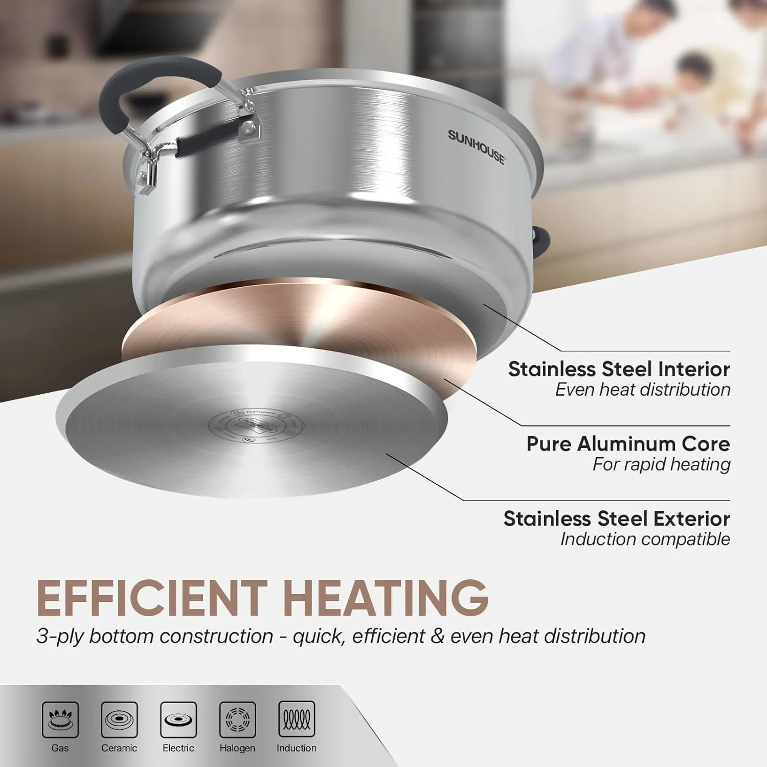 SUNHOUSE - 4.6 Quarts Steamer Pots With Lid 2-Tier Multipurpose Stainless Steel Steaming Pot Cookware For Vegetable, Dumpling, Sauce, Food - Triple Bottom, Measurement Line