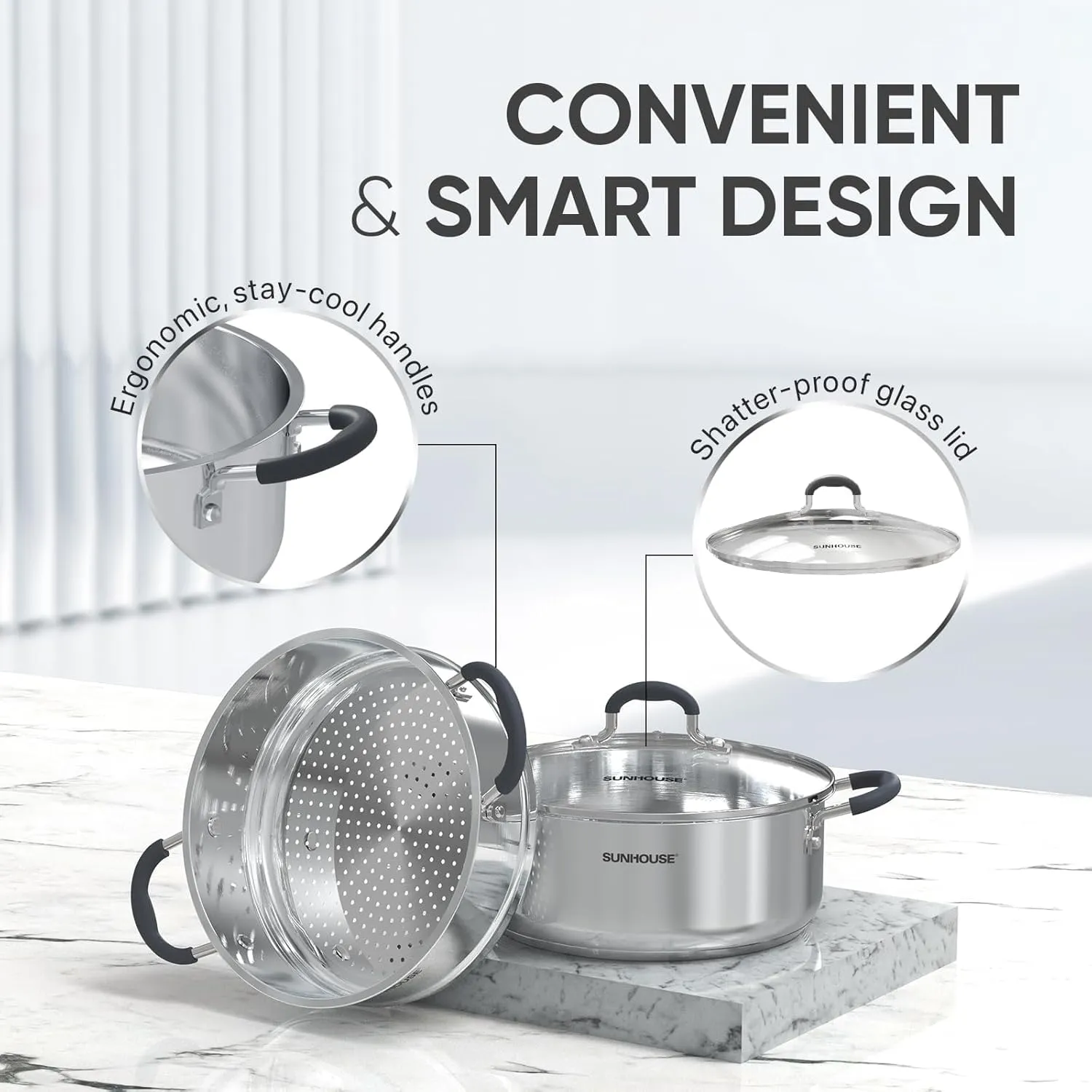 SUNHOUSE - 4.6 Quarts Steamer Pots With Lid 2-Tier Multipurpose Stainless Steel Steaming Pot Cookware For Vegetable, Dumpling, Sauce, Food - Triple Bottom, Measurement Line