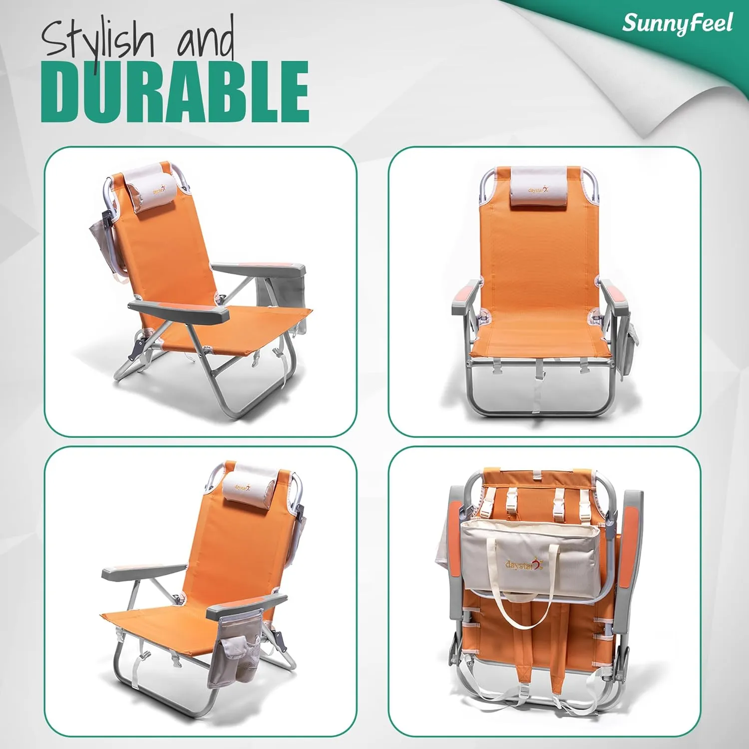 SunnyFeel Backpack Beach Chairs for Adults, Folding Low Beach Chairs Heavy Duty 5 Position Lay Flat Reclining with Cup Holder,Pillow,Cooler Bag for Sand/Outdoor/Lawn, Portable Camping Chair
