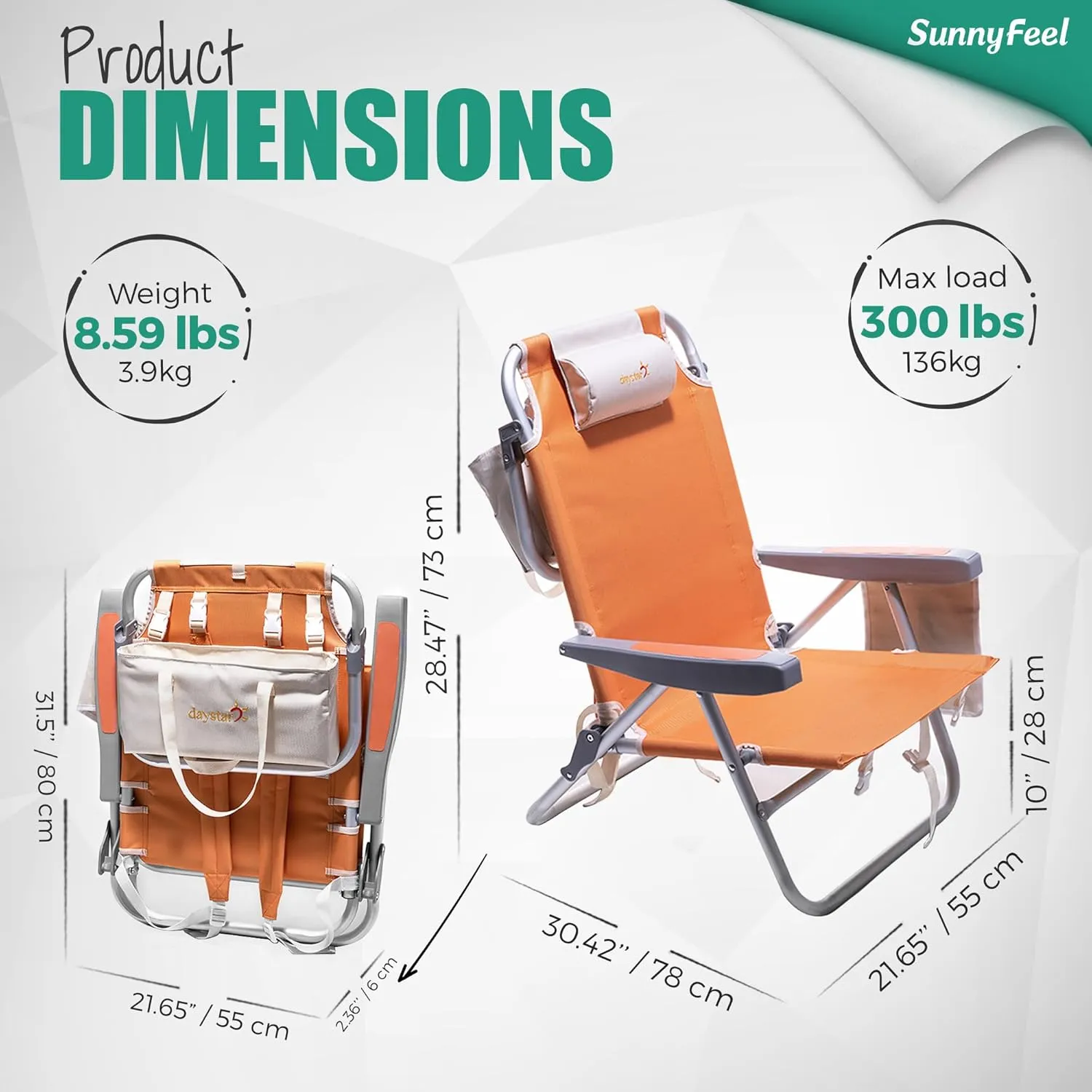 SunnyFeel Backpack Beach Chairs for Adults, Folding Low Beach Chairs Heavy Duty 5 Position Lay Flat Reclining with Cup Holder,Pillow,Cooler Bag for Sand/Outdoor/Lawn, Portable Camping Chair