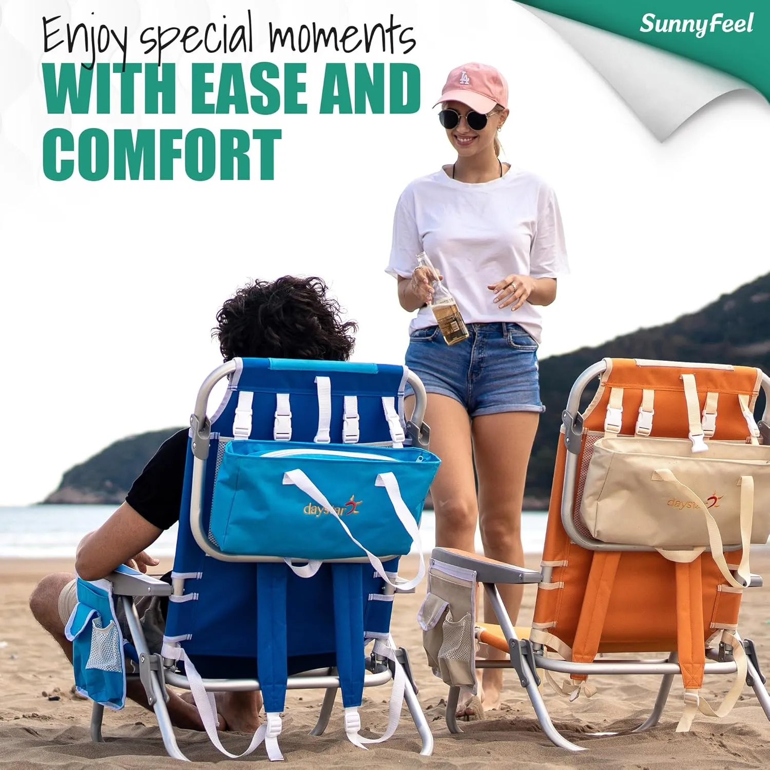 SunnyFeel Backpack Beach Chairs for Adults, Folding Low Beach Chairs Heavy Duty 5 Position Lay Flat Reclining with Cup Holder,Pillow,Cooler Bag for Sand/Outdoor/Lawn, Portable Camping Chair