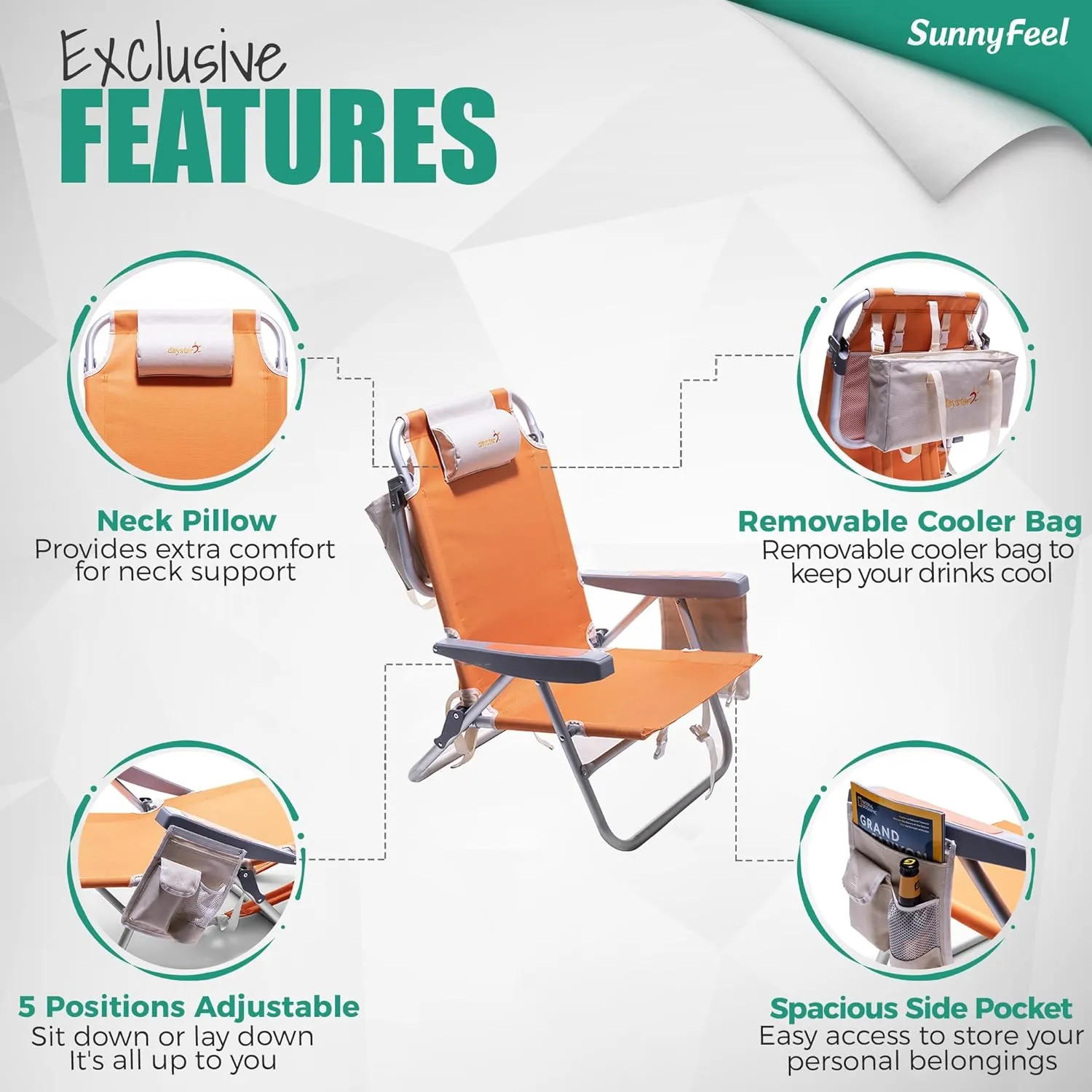 SunnyFeel Backpack Beach Chairs for Adults, Folding Low Beach Chairs Heavy Duty 5 Position Lay Flat Reclining with Cup Holder,Pillow,Cooler Bag for Sand/Outdoor/Lawn, Portable Camping Chair