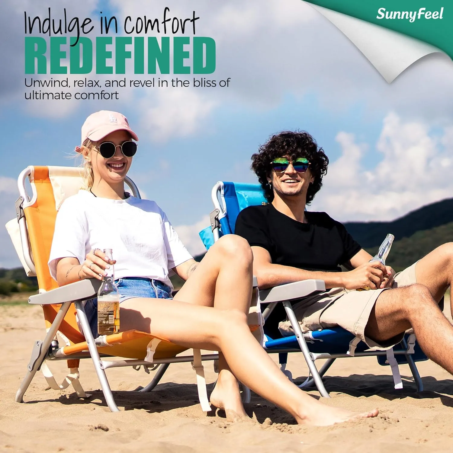 SunnyFeel Backpack Beach Chairs for Adults, Folding Low Beach Chairs Heavy Duty 5 Position Lay Flat Reclining with Cup Holder,Pillow,Cooler Bag for Sand/Outdoor/Lawn, Portable Camping Chair