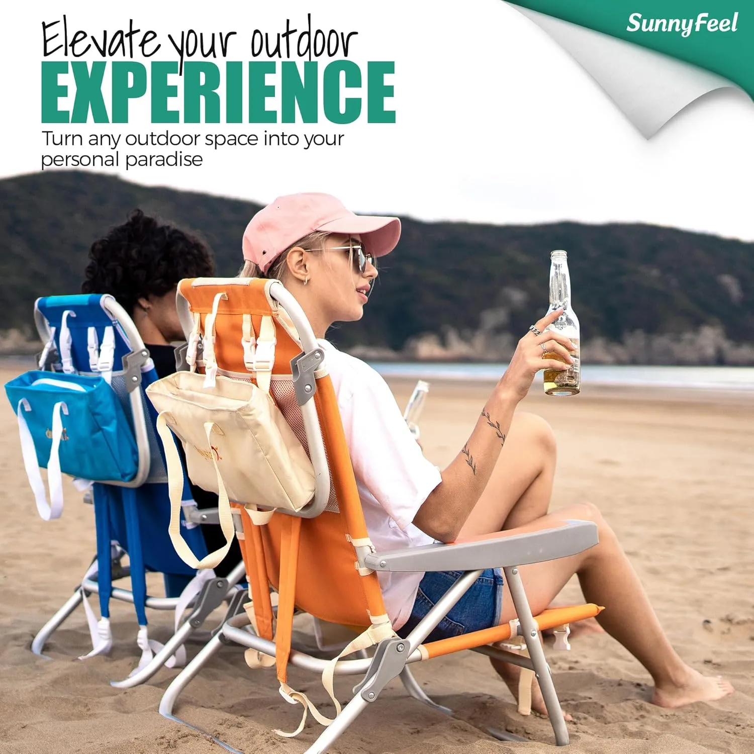 SunnyFeel Backpack Beach Chairs for Adults, Folding Low Beach Chairs Heavy Duty 5 Position Lay Flat Reclining with Cup Holder,Pillow,Cooler Bag for Sand/Outdoor/Lawn, Portable Camping Chair