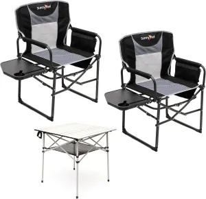 SUNNYFEEL Camping Directors Chair 2 Pack with Aluminum Outdoor Folding Table, Oversized Portable Folding Chair with Pocket for Beach, Fishing,Trip,Picnic,Lawn,Concert