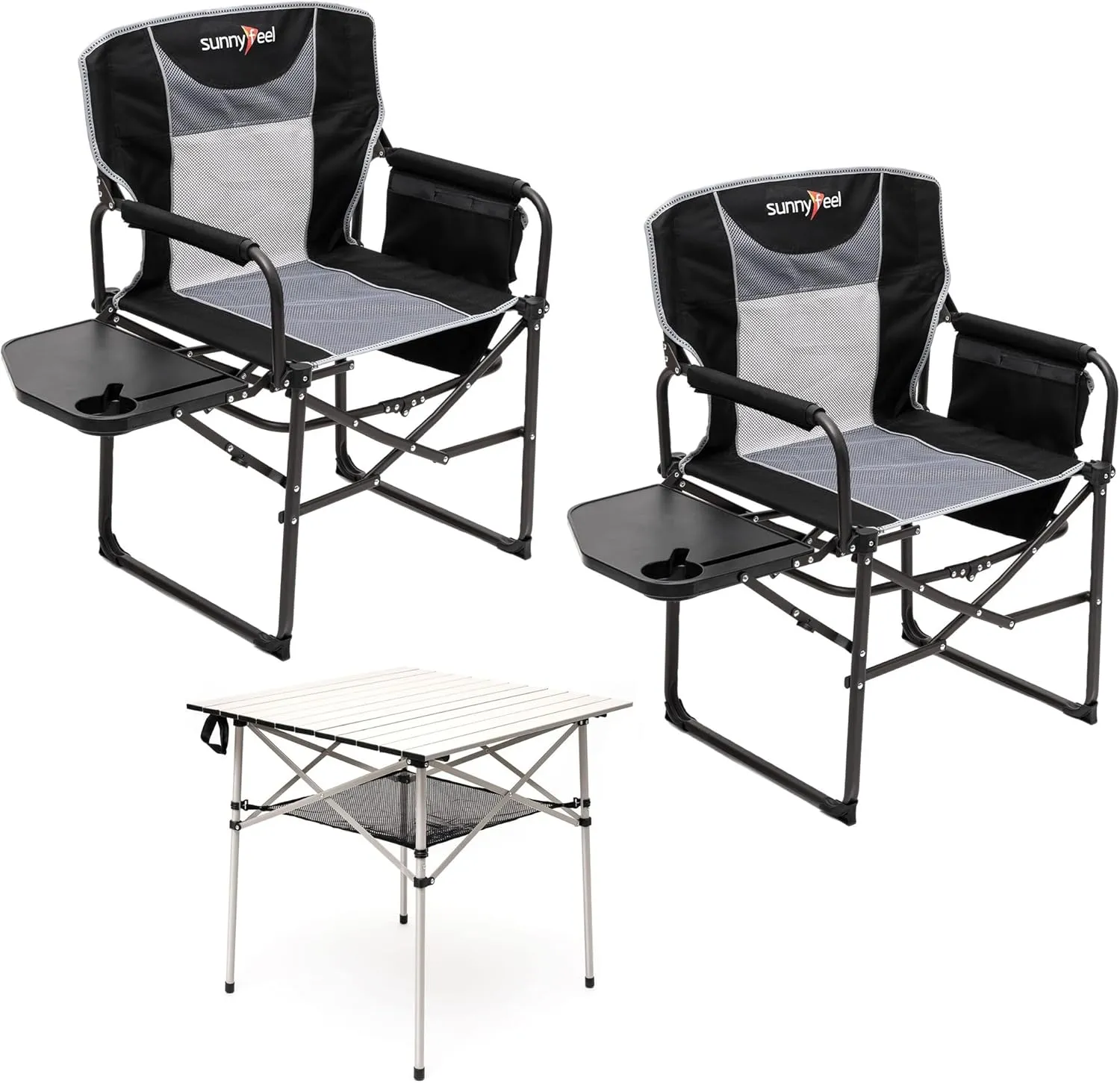 SUNNYFEEL Camping Directors Chair 2 Pack with Aluminum Outdoor Folding Table, Oversized Portable Folding Chair with Pocket for Beach, Fishing,Trip,Picnic,Lawn,Concert