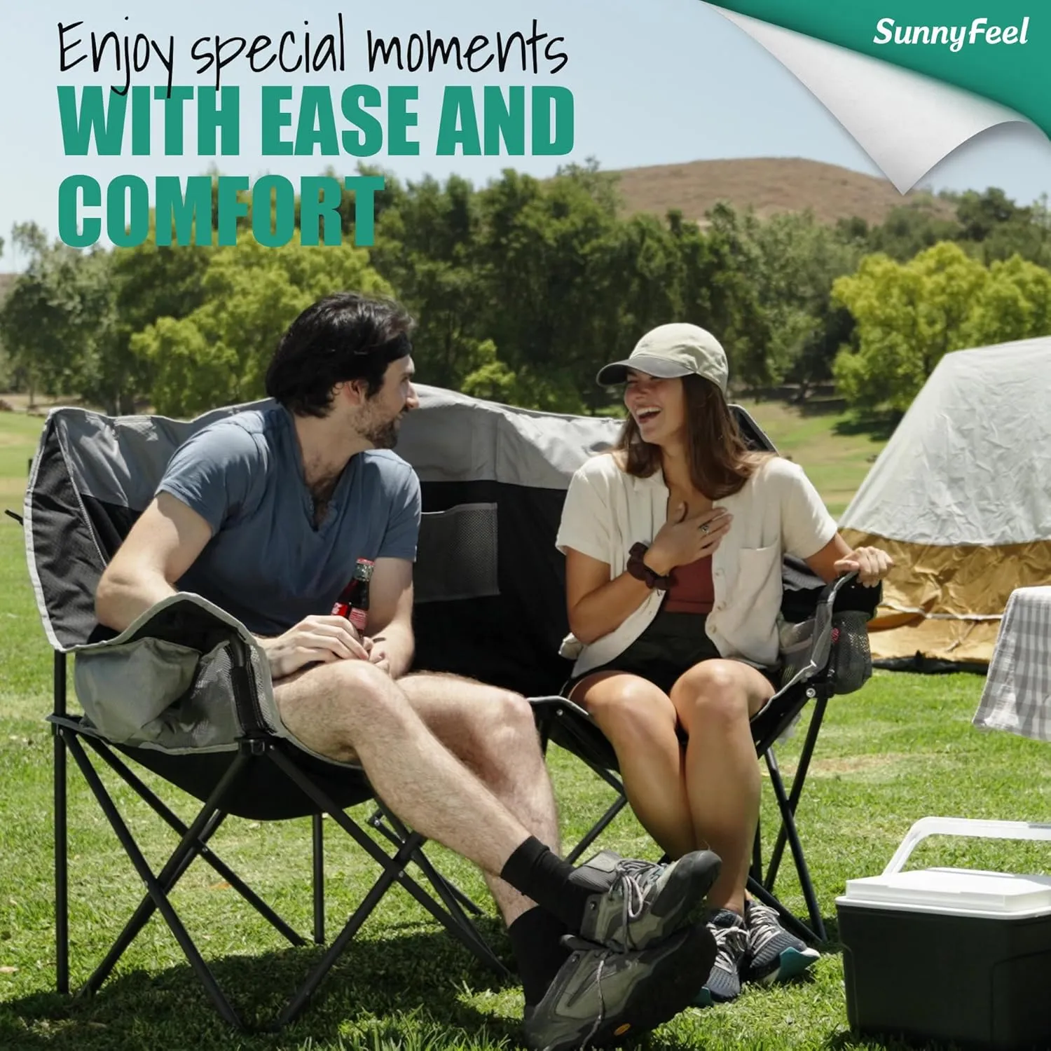 SunnyFeel Folding Double Camping Chair, Oversized Loveseat Chair, Heavy Duty Portable/Foldable Lawn Chair with Storage/Cooler for Outside/Outdoor/Travel/Picnic, Fold Up Camp Chairs for Adults 2 People