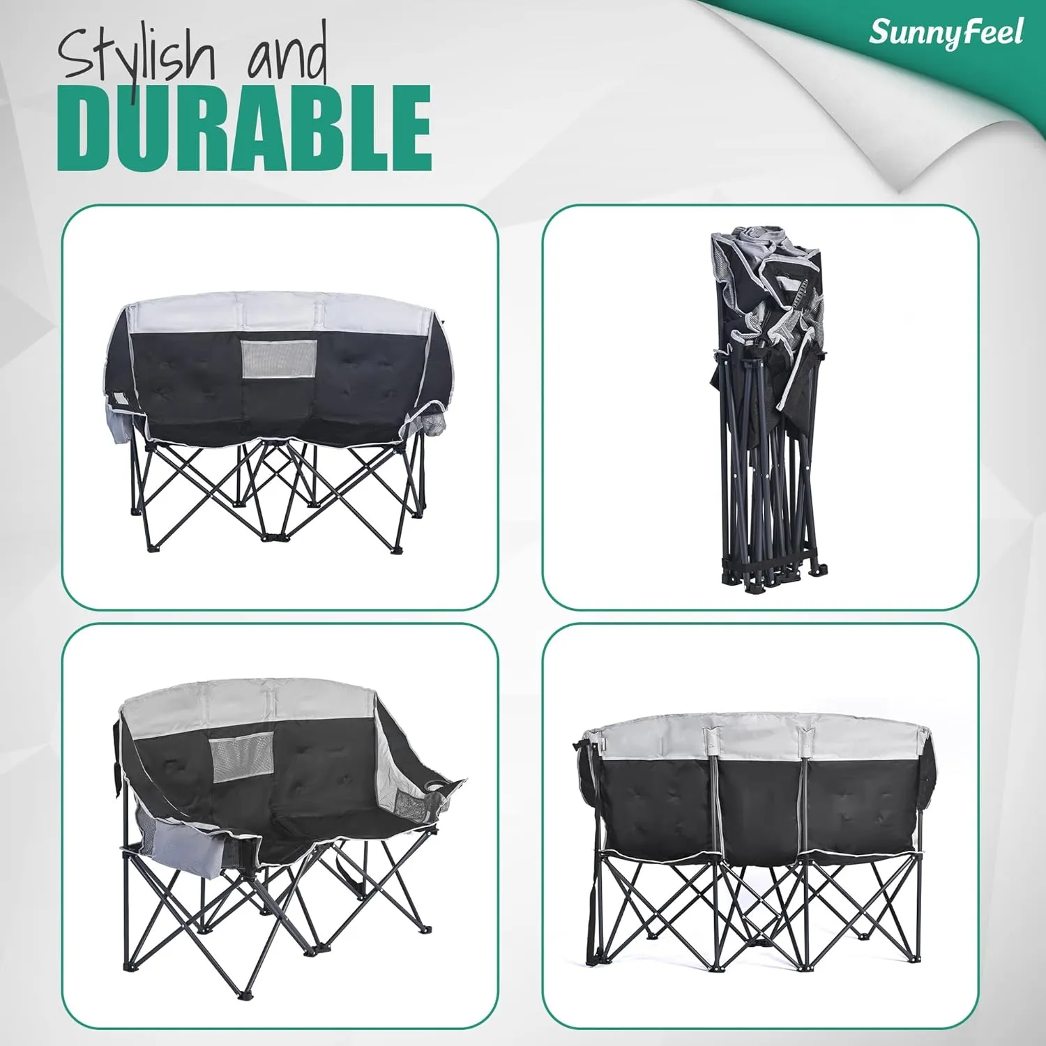 SunnyFeel Folding Double Camping Chair, Oversized Loveseat Chair, Heavy Duty Portable/Foldable Lawn Chair with Storage/Cooler for Outside/Outdoor/Travel/Picnic, Fold Up Camp Chairs for Adults 2 People