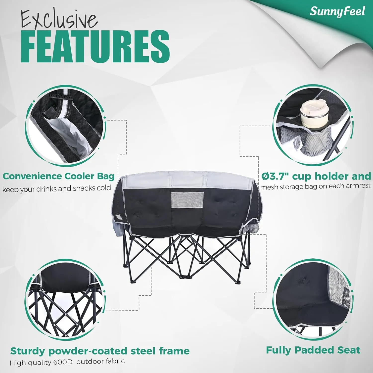 SunnyFeel Folding Double Camping Chair, Oversized Loveseat Chair, Heavy Duty Portable/Foldable Lawn Chair with Storage/Cooler for Outside/Outdoor/Travel/Picnic, Fold Up Camp Chairs for Adults 2 People
