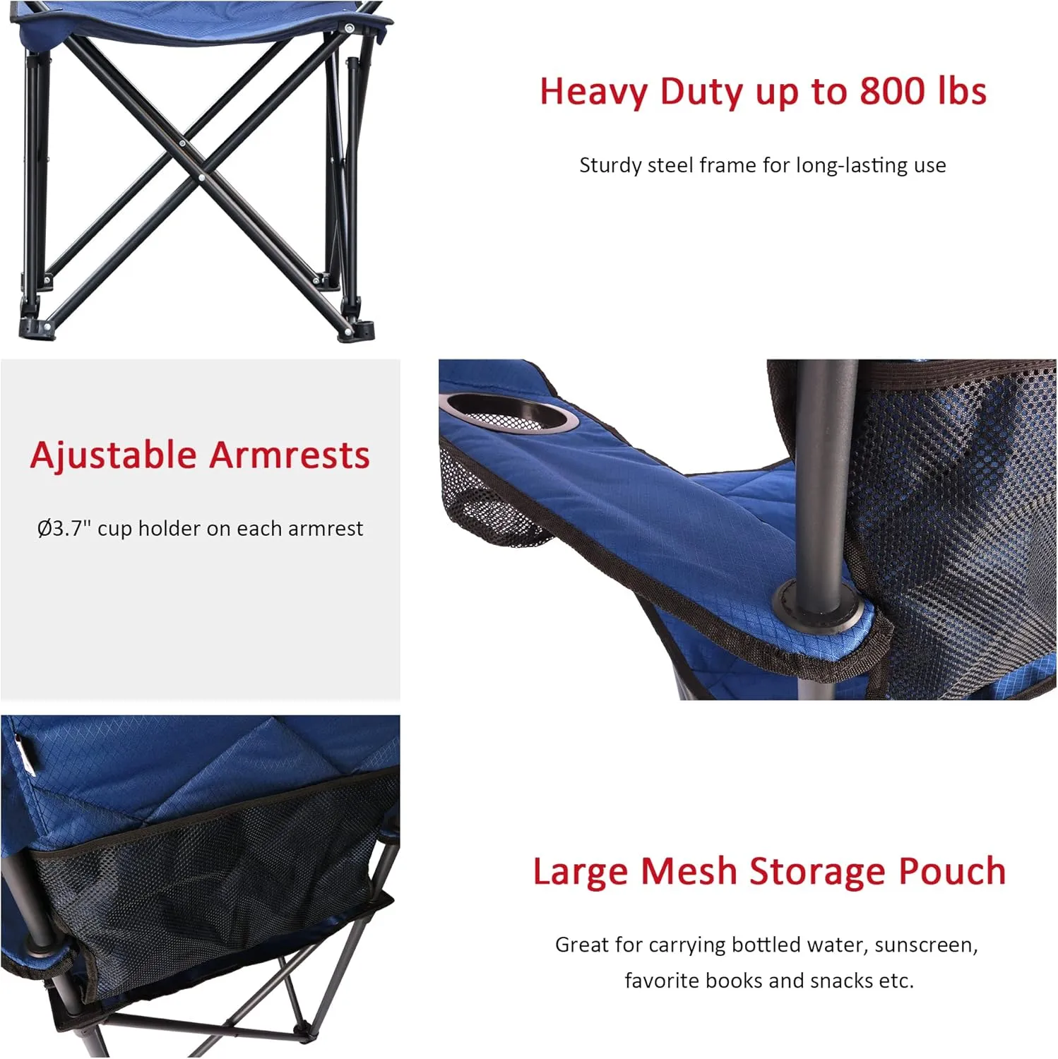 SUNNYFEEL XXL Oversized Camping Chair Heavy Duty 800 LBS for Big Tall People Padded Portable Folding Quad Lawn Chairs with Armrest Cup Holder & Pocket for Outdoor/Travel/Picnic/Camp/Sports