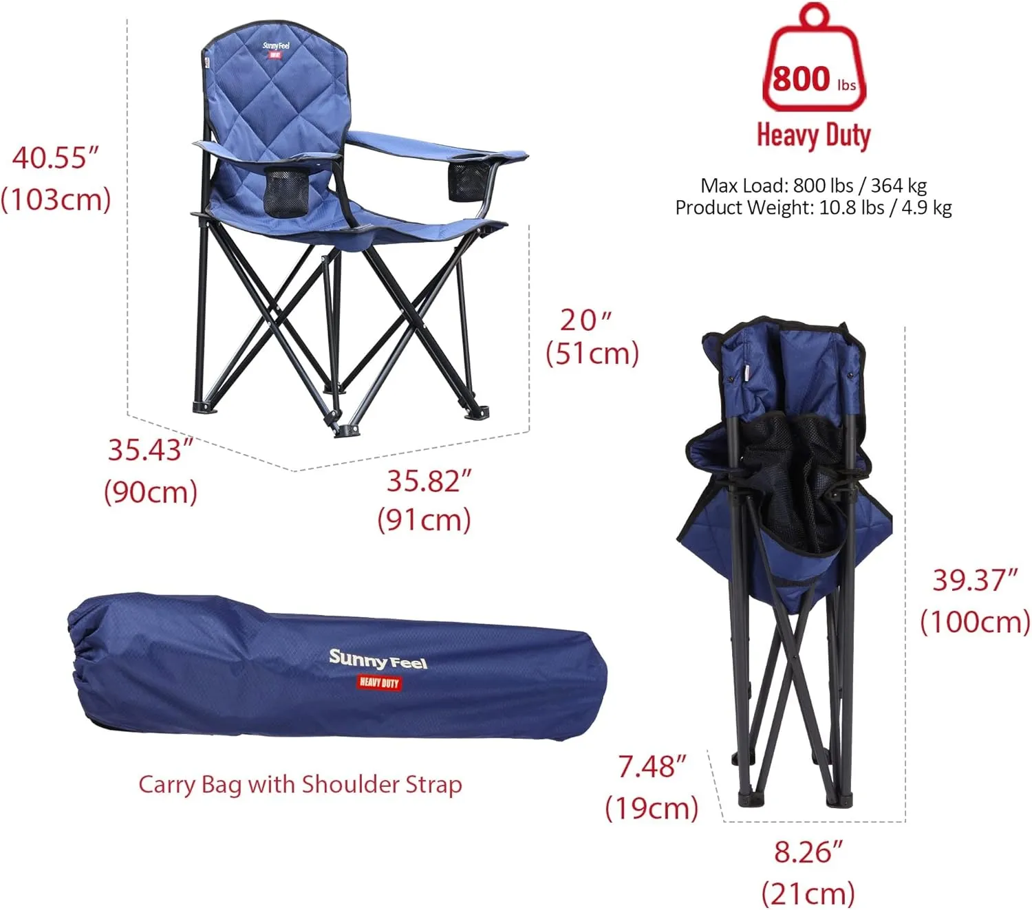 SUNNYFEEL XXL Oversized Camping Chair Heavy Duty 800 LBS for Big Tall People Padded Portable Folding Quad Lawn Chairs with Armrest Cup Holder & Pocket for Outdoor/Travel/Picnic/Camp/Sports
