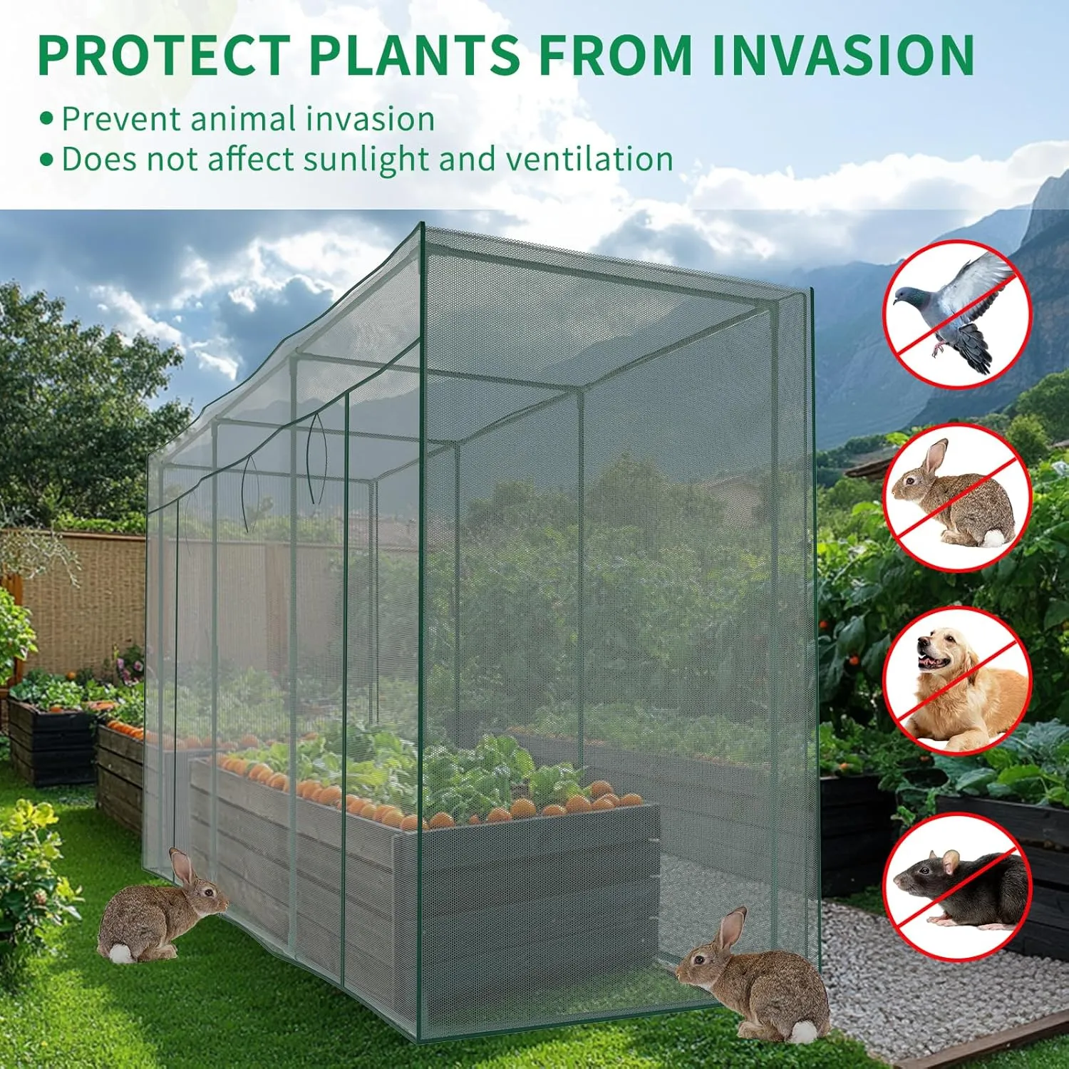SUNYRISY Crop Cage for Garden Plant, 11.8 x 4 x 6 Ft Raised Garden Bed Cover with Frame and Zippered Door, Plant Netting Cover Cage Protection Tent for Outdoor Plants Fruit Vegetable Flower