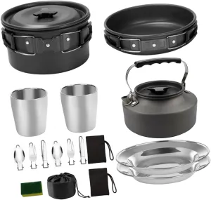 SUPVOX Camping Cookware Set 2-Person Outdoor Pot Teapot Plate Aluminum Alloy Cooking Supplies Non-Slip Handles for Hiking Backpacking Silverware