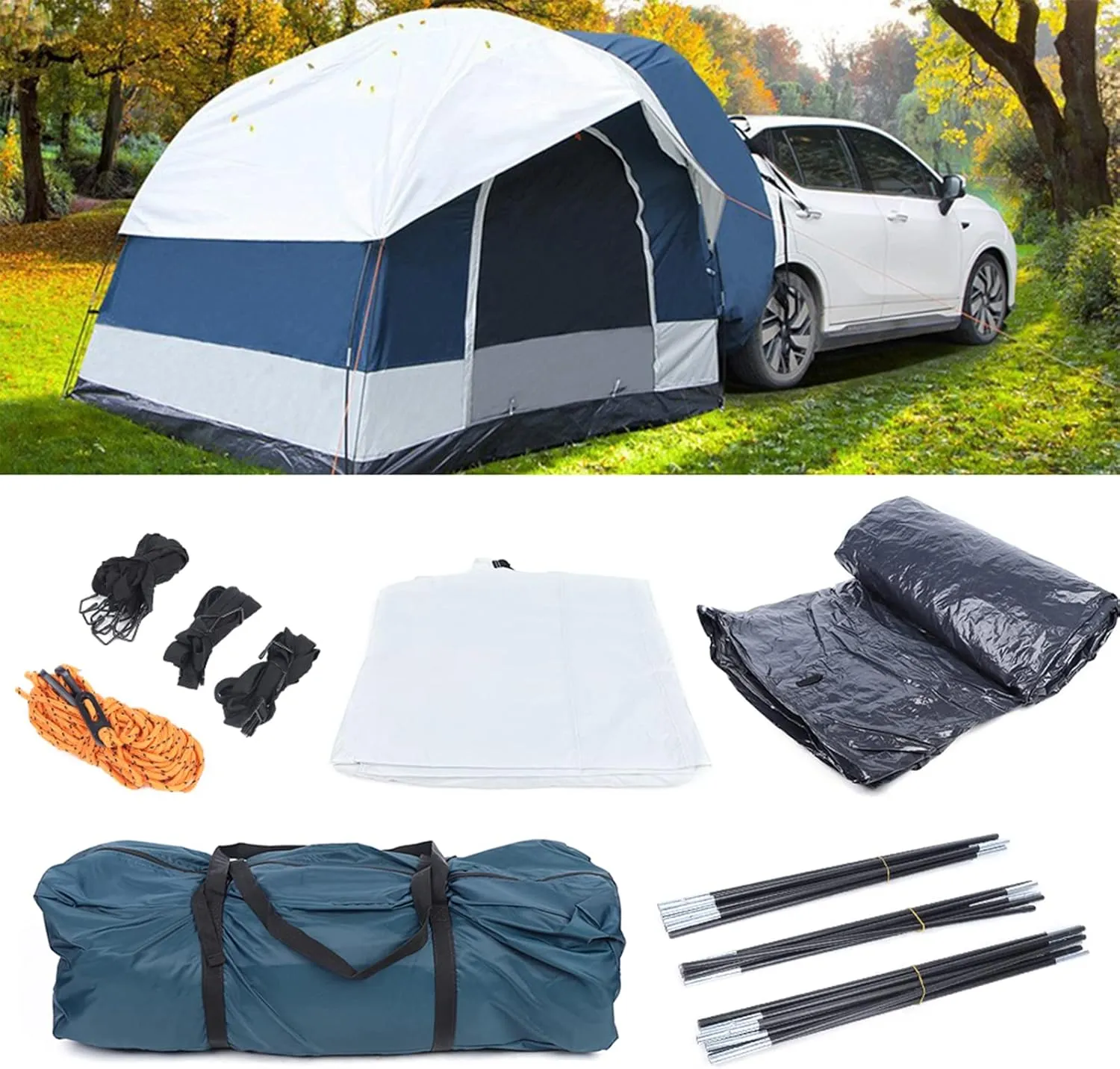 SUV Camping Tent, PU2000 Waterproof Pop Up Camping Car Tent, 4 Person Capacity Universal Car Rear Flysheet for Camping with Oversized Screen Windows and Storage Bag for Outdoor Travel Camping