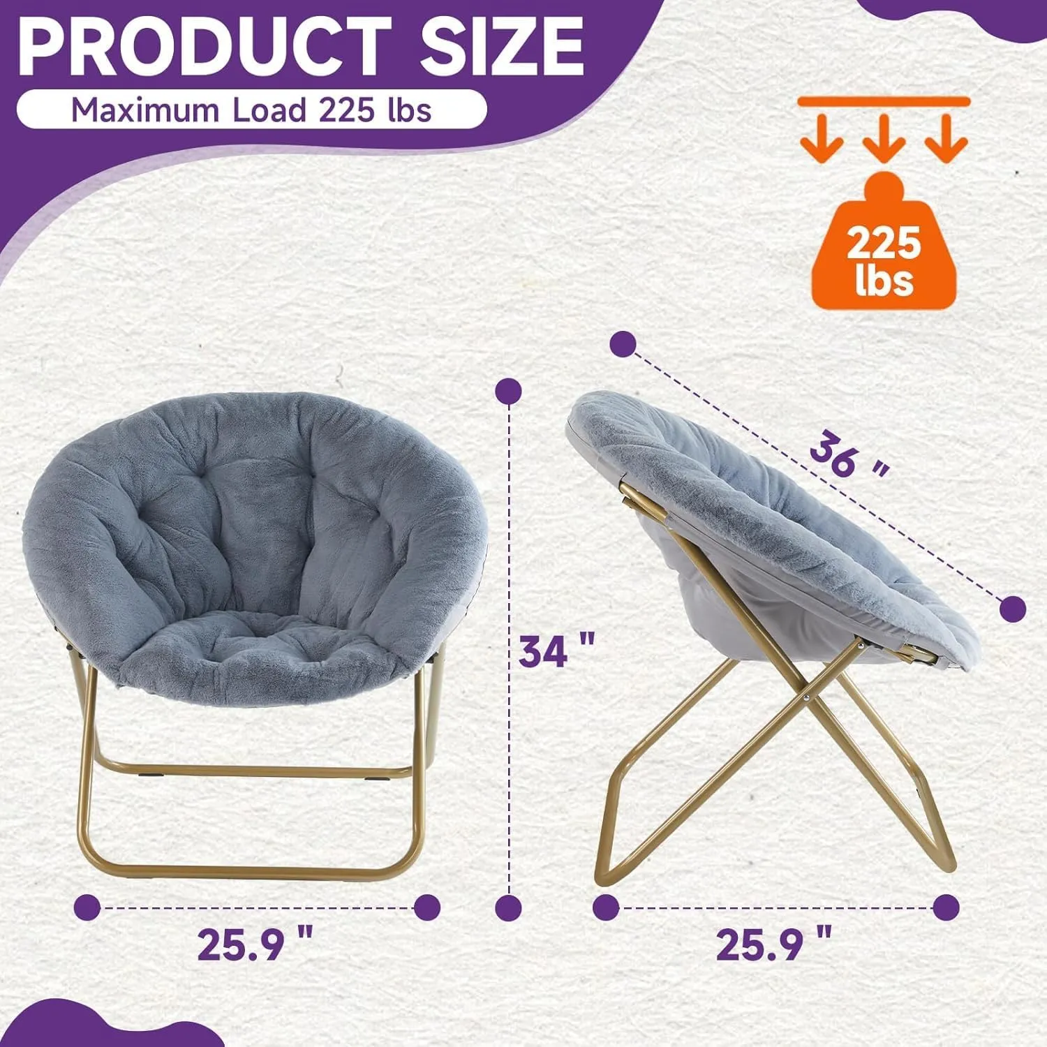Sweetcrispy Comfy Saucer Chairs Folding Cozy Faux Fur Living Room Reading Lounge Chair with Soft Thick Padded Seat & Metal Frame Modern Style Bedroom Home for Kids Adults, X-Large - Grey