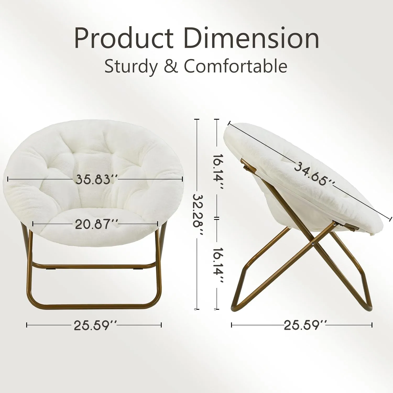 Sweetcrispy Cozy Saucer Chairs Faux Fur Living Room Reading Lounge Furniture Folding Comfy with Soft Thick Padded Seat Metal Frame Modern Style for Bedroom Home Adults, X-Large, White