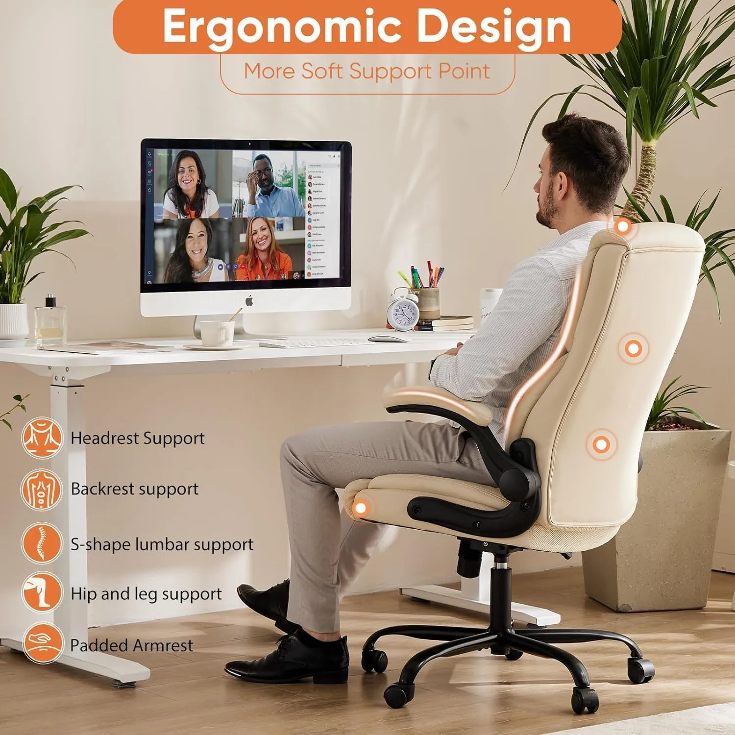 Sweetcrispy Ergonomic Office Chair Heavy Duty Task Desk Chair with Flip-up Arms, PU Leather, Adjustable Swivel Rolling Chair with Wheels, White