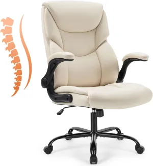 Sweetcrispy Ergonomic Office Chair Heavy Duty Task Desk Chair with Flip-up Arms, PU Leather, Adjustable Swivel Rolling Chair with Wheels, White