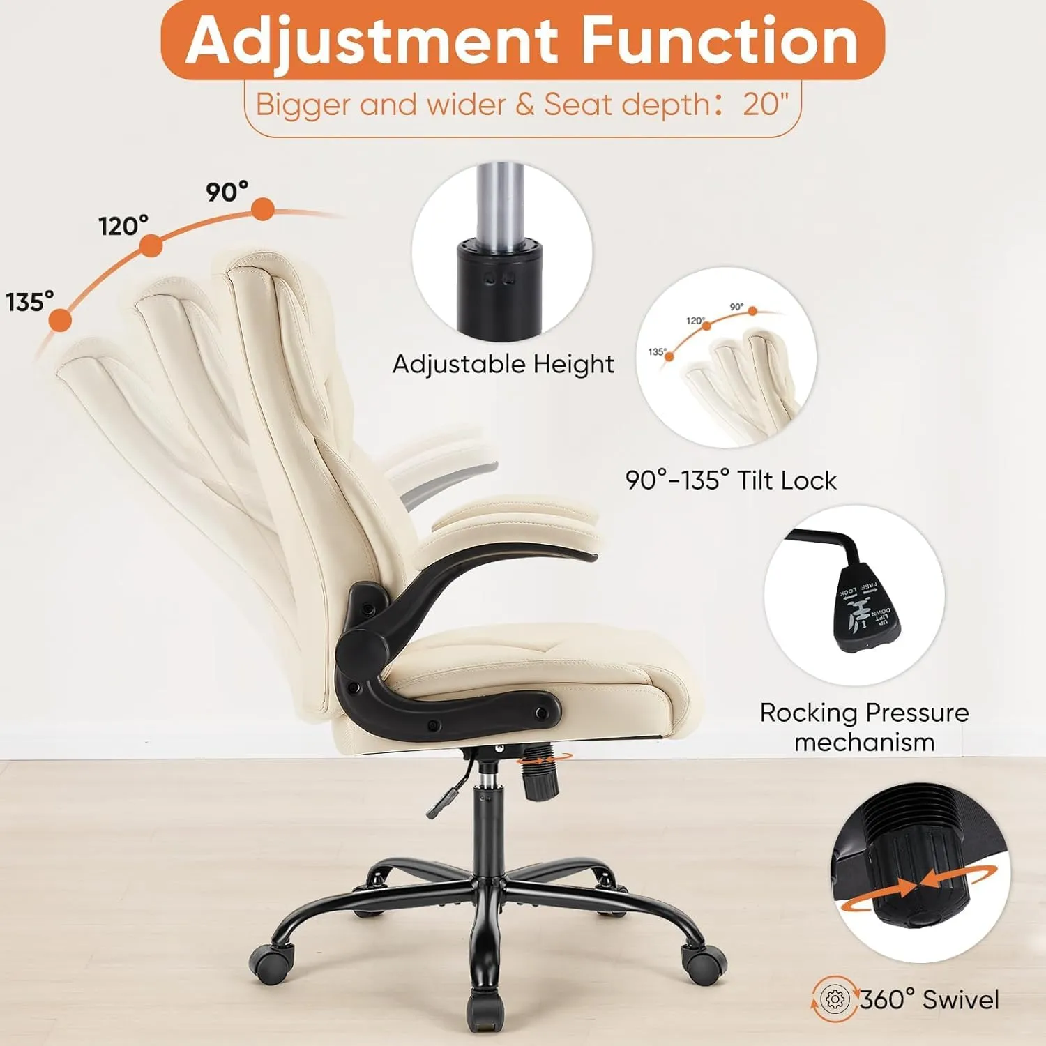 Sweetcrispy Ergonomic Office Chair Heavy Duty Task Desk Chair with Flip-up Arms, PU Leather, Adjustable Swivel Rolling Chair with Wheels, White