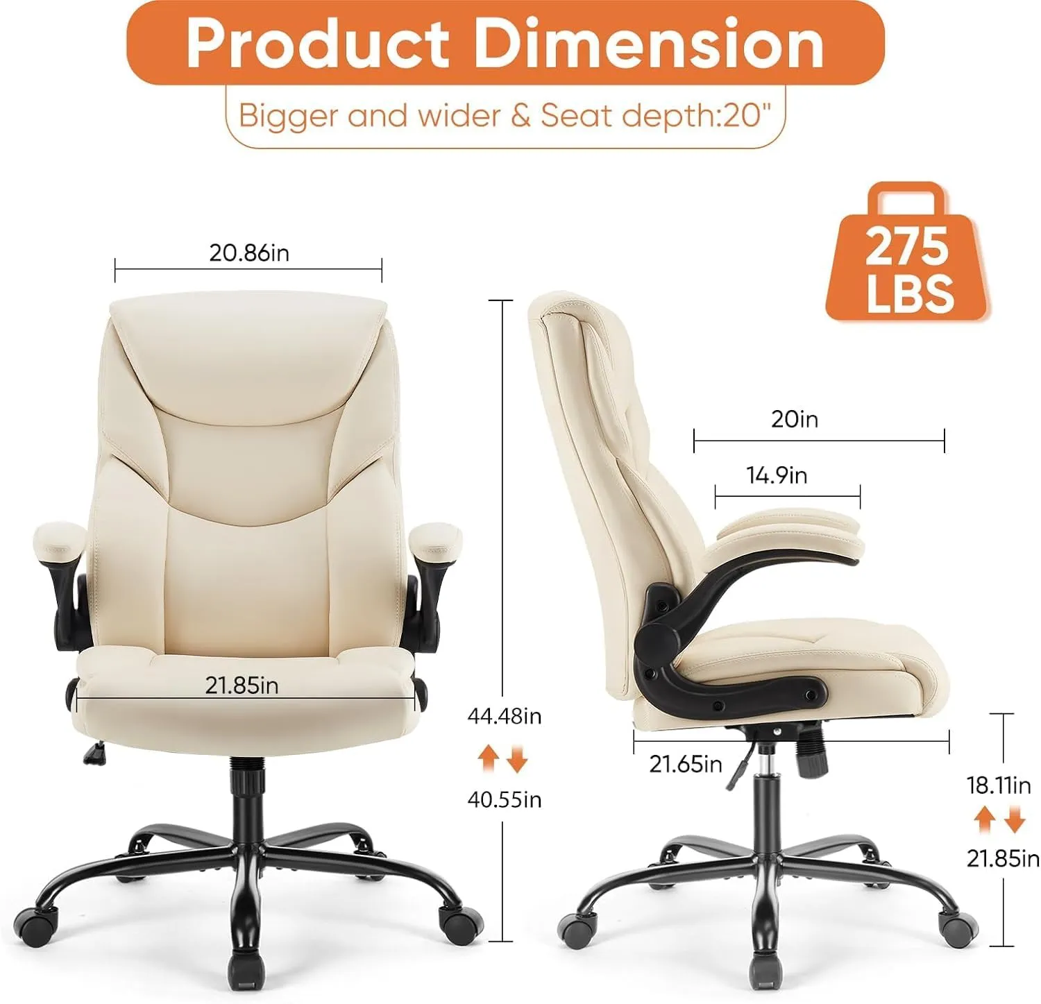 Sweetcrispy Ergonomic Office Chair Heavy Duty Task Desk Chair with Flip-up Arms, PU Leather, Adjustable Swivel Rolling Chair with Wheels, White