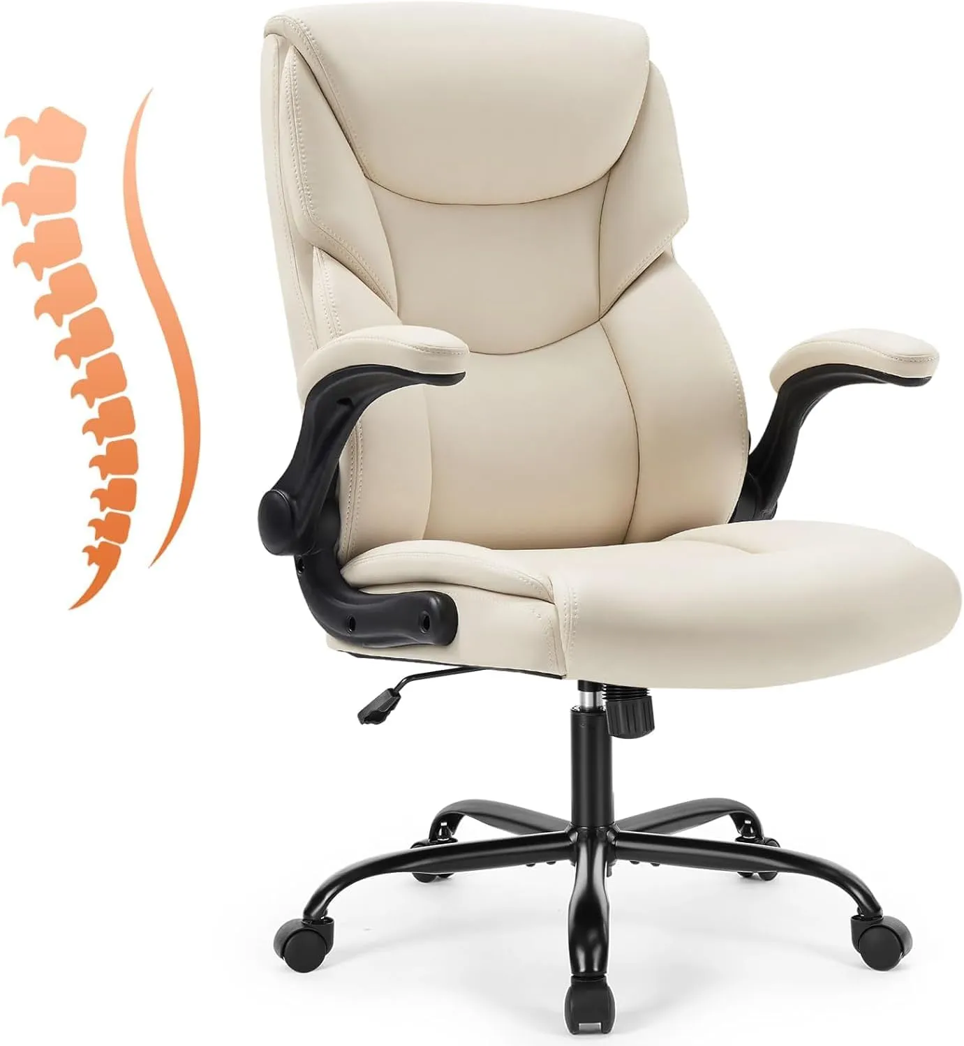 Sweetcrispy Ergonomic Office Chair Heavy Duty Task Desk Chair with Flip-up Arms, PU Leather, Adjustable Swivel Rolling Chair with Wheels, White